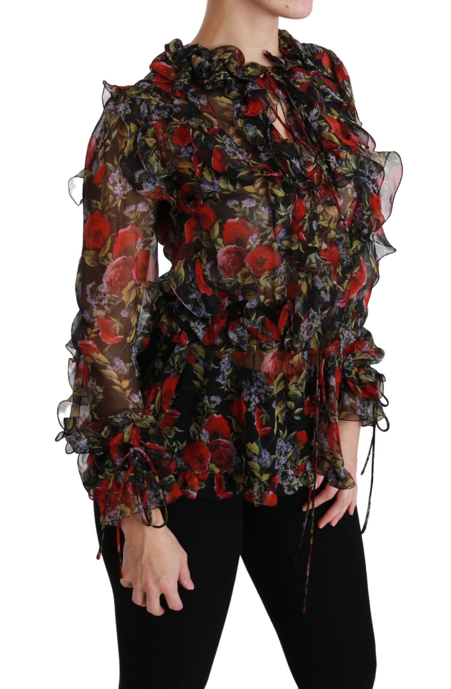Dolce & Gabbana Schwarze Bluse mit Rosen-Blumenmuster, Seidentop