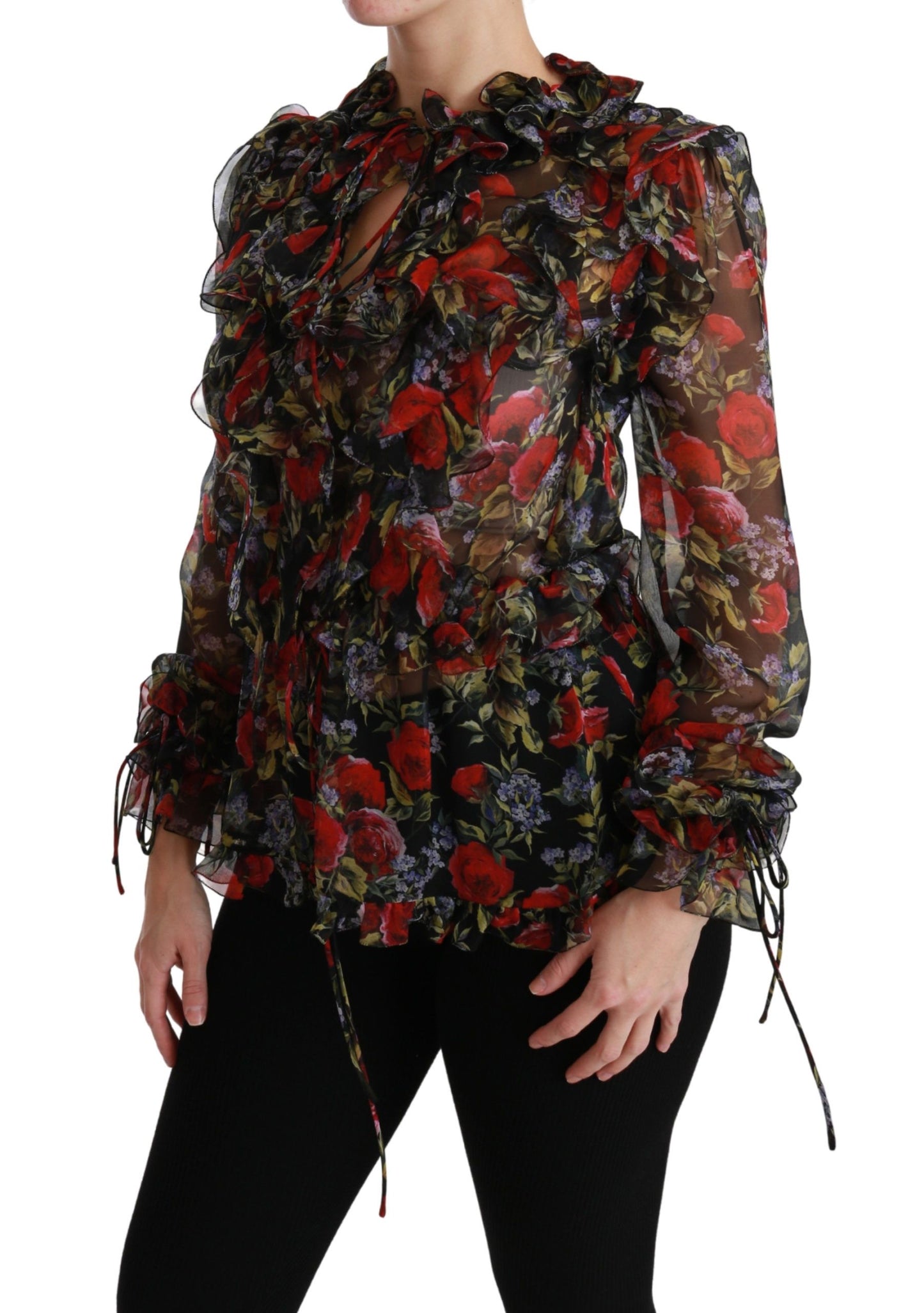 Dolce & Gabbana Schwarze Bluse mit Rosen-Blumenmuster, Seidentop