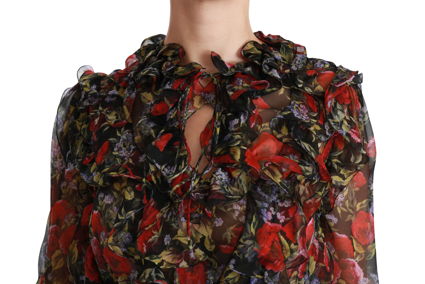 Dolce & Gabbana Schwarze Bluse mit Rosen-Blumenmuster, Seidentop