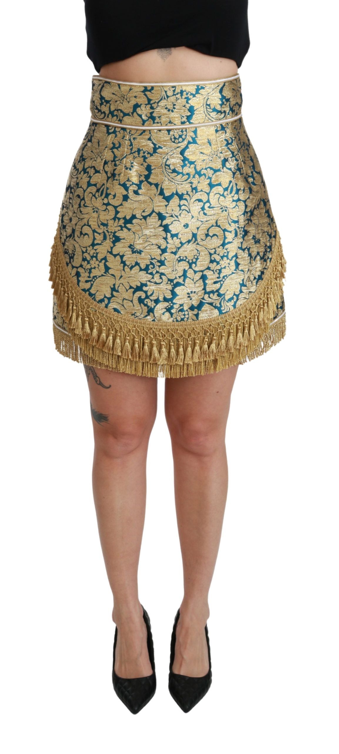 Dolce & Gabbana – Blauer, hoch taillierter Jacquard-Rock mit Quasten und Gold
