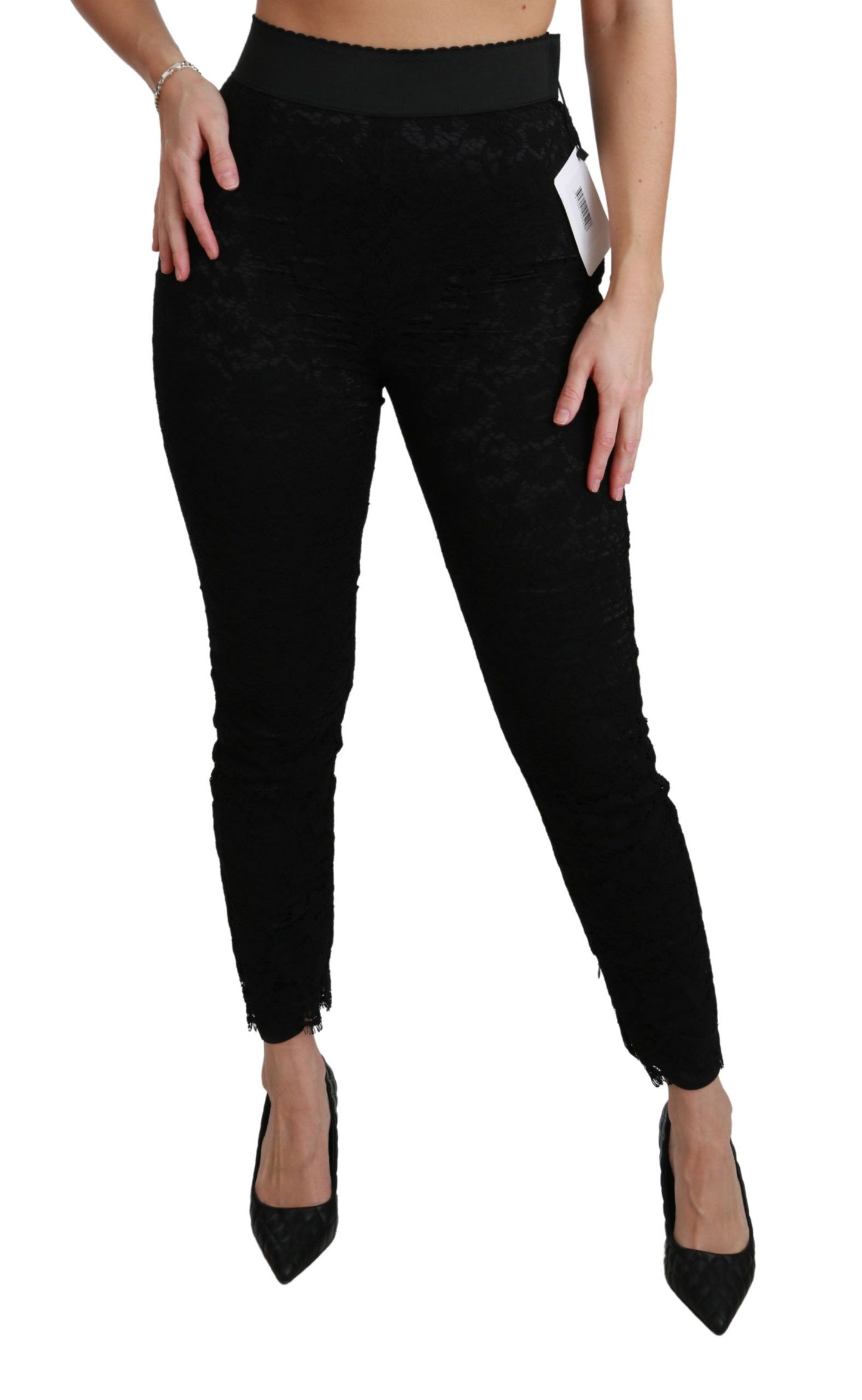 Dolce & Gabbana – Enge Baumwollhose mit hoher Taille und Spitze in Schwarz