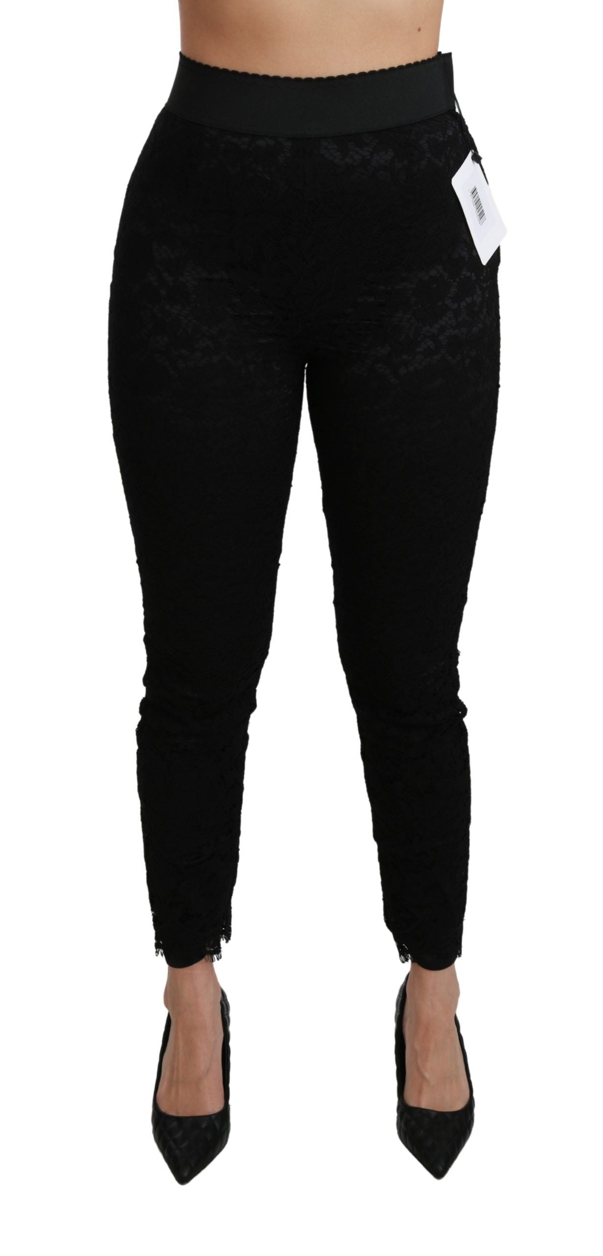 Dolce & Gabbana – Enge Baumwollhose mit hoher Taille und Spitze in Schwarz