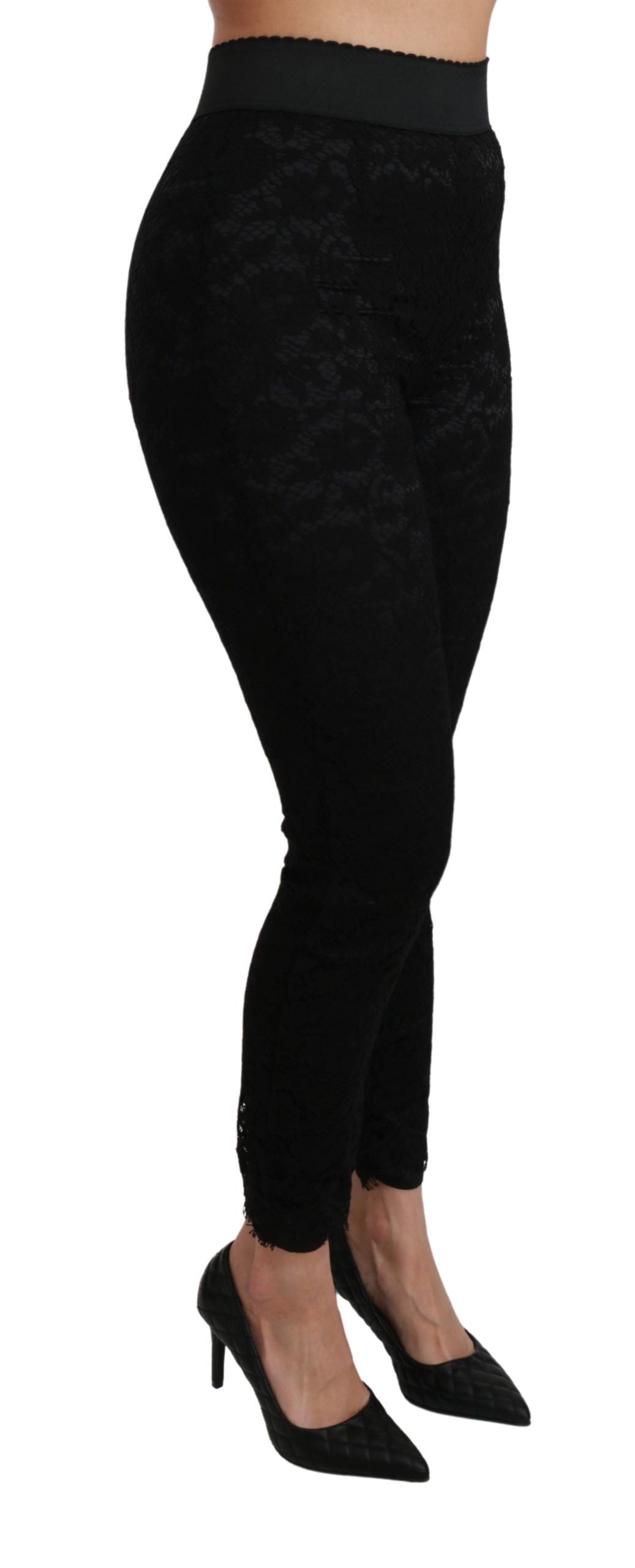 Dolce & Gabbana – Enge Baumwollhose mit hoher Taille und Spitze in Schwarz