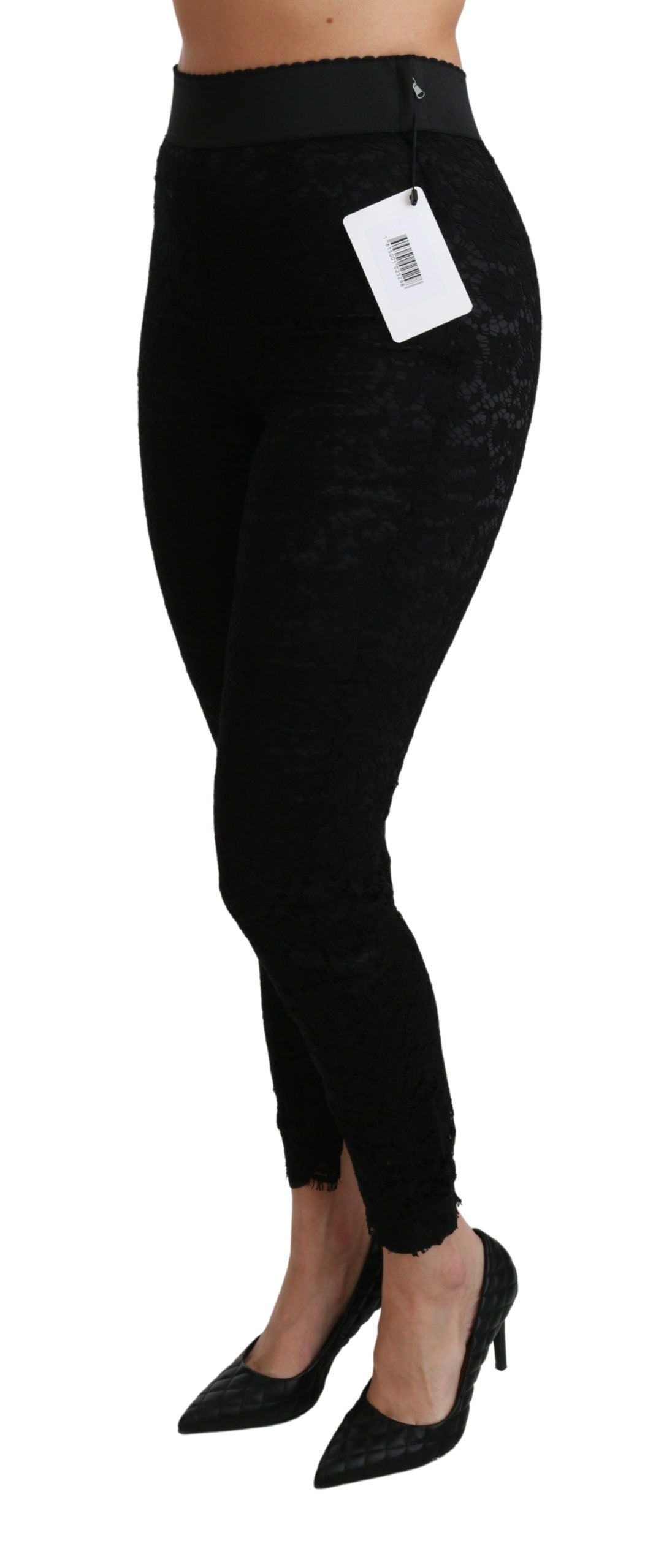 Dolce & Gabbana – Enge Baumwollhose mit hoher Taille und Spitze in Schwarz