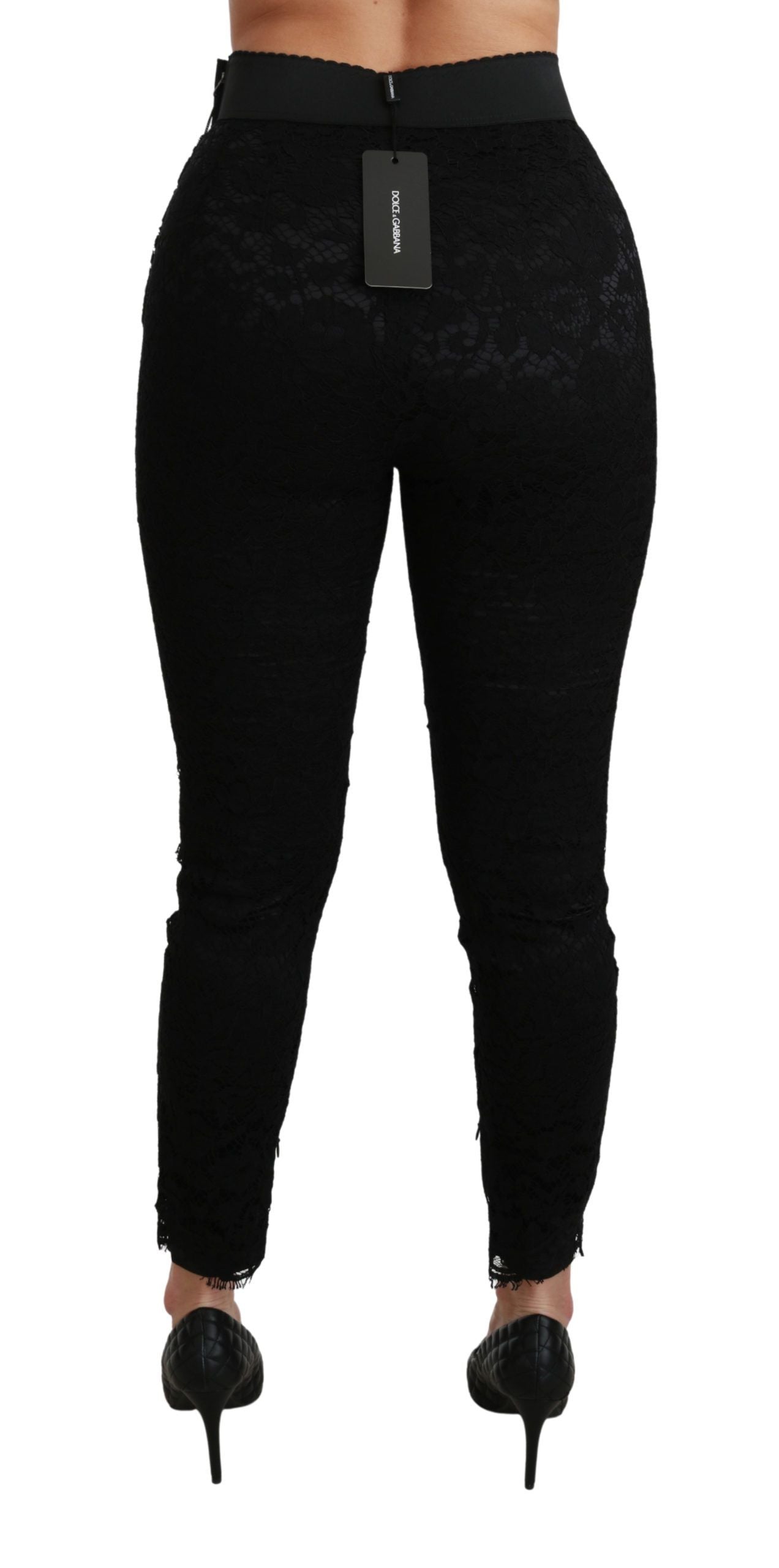 Dolce & Gabbana – Enge Baumwollhose mit hoher Taille und Spitze in Schwarz