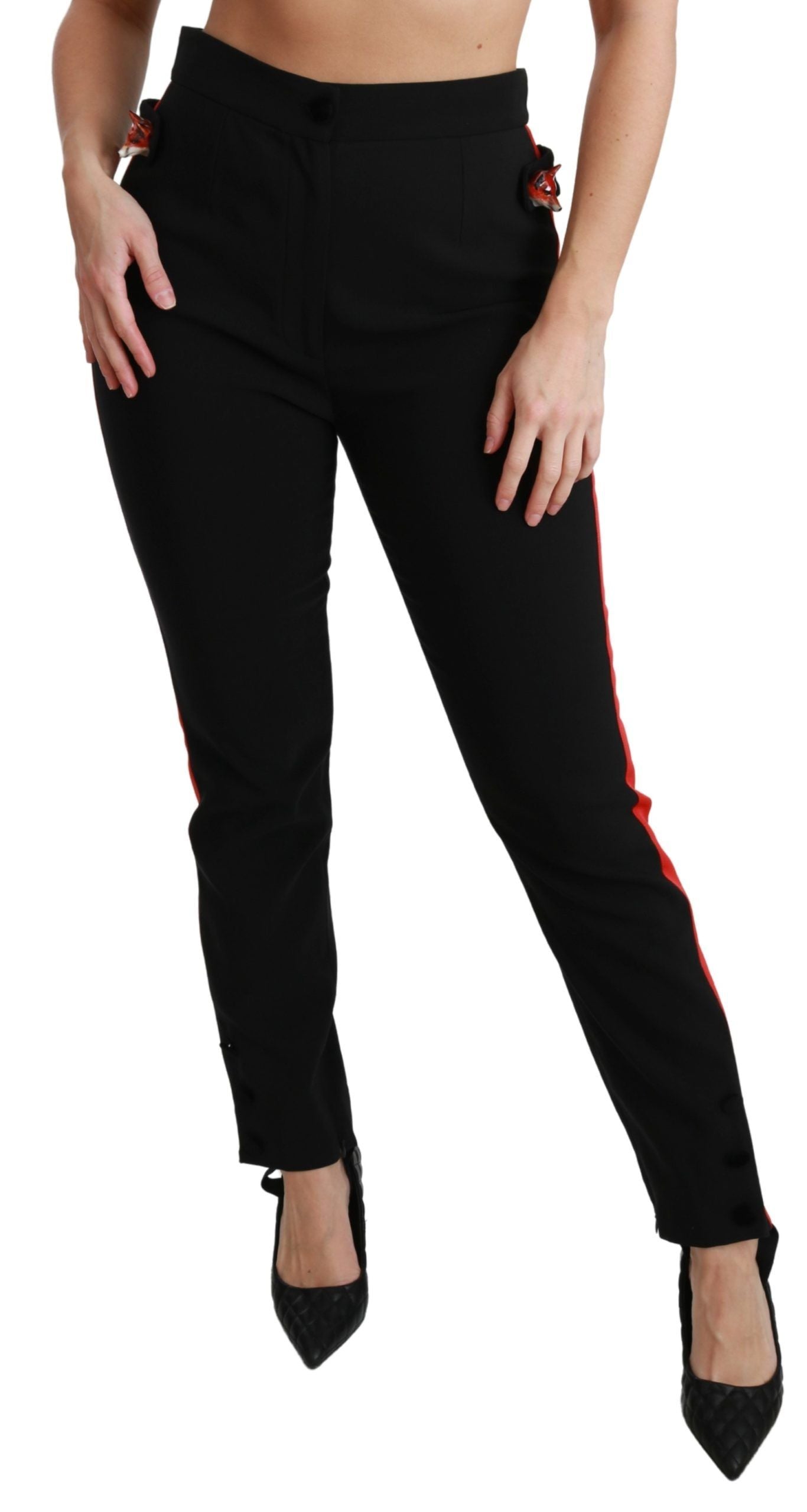 Dolce & Gabbana Schwarze Skinny Stretch-Baumwollhose mit Fuchskopf