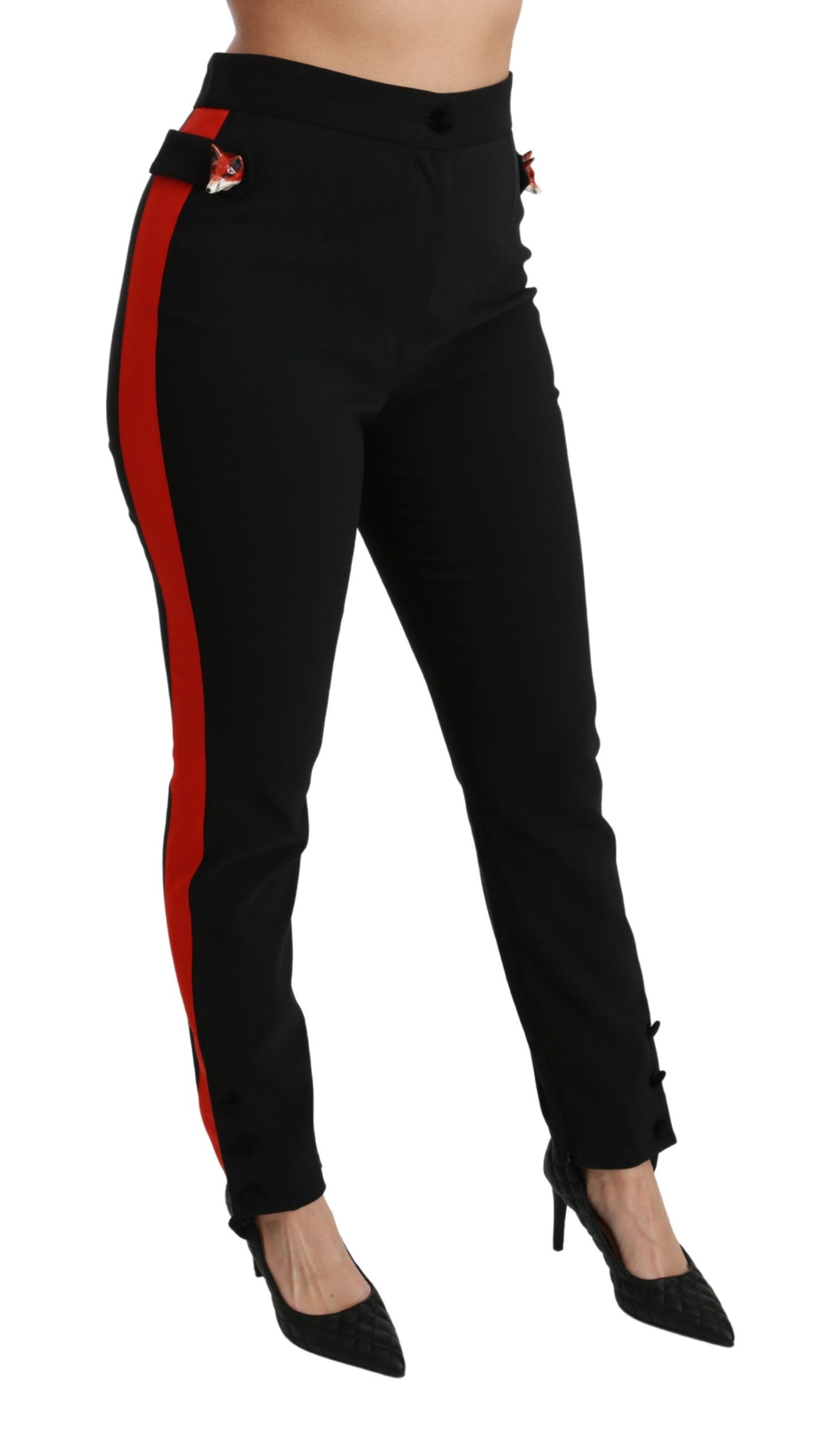 Dolce & Gabbana Schwarze Skinny Stretch-Baumwollhose mit Fuchskopf