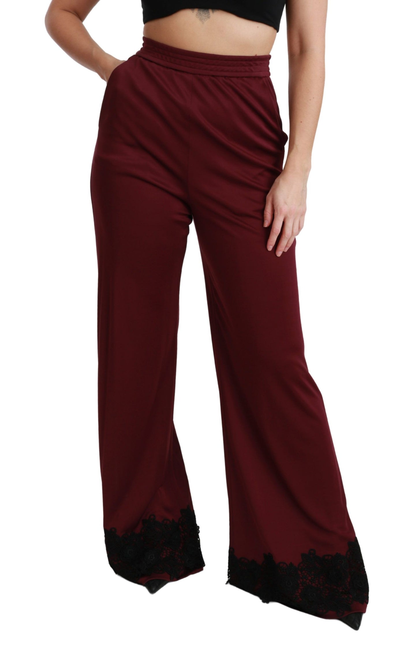 Dolce & Gabbana – Kastanienbraune Hose mit hoher Taille und weitem Bein aus schwarzer Spitze