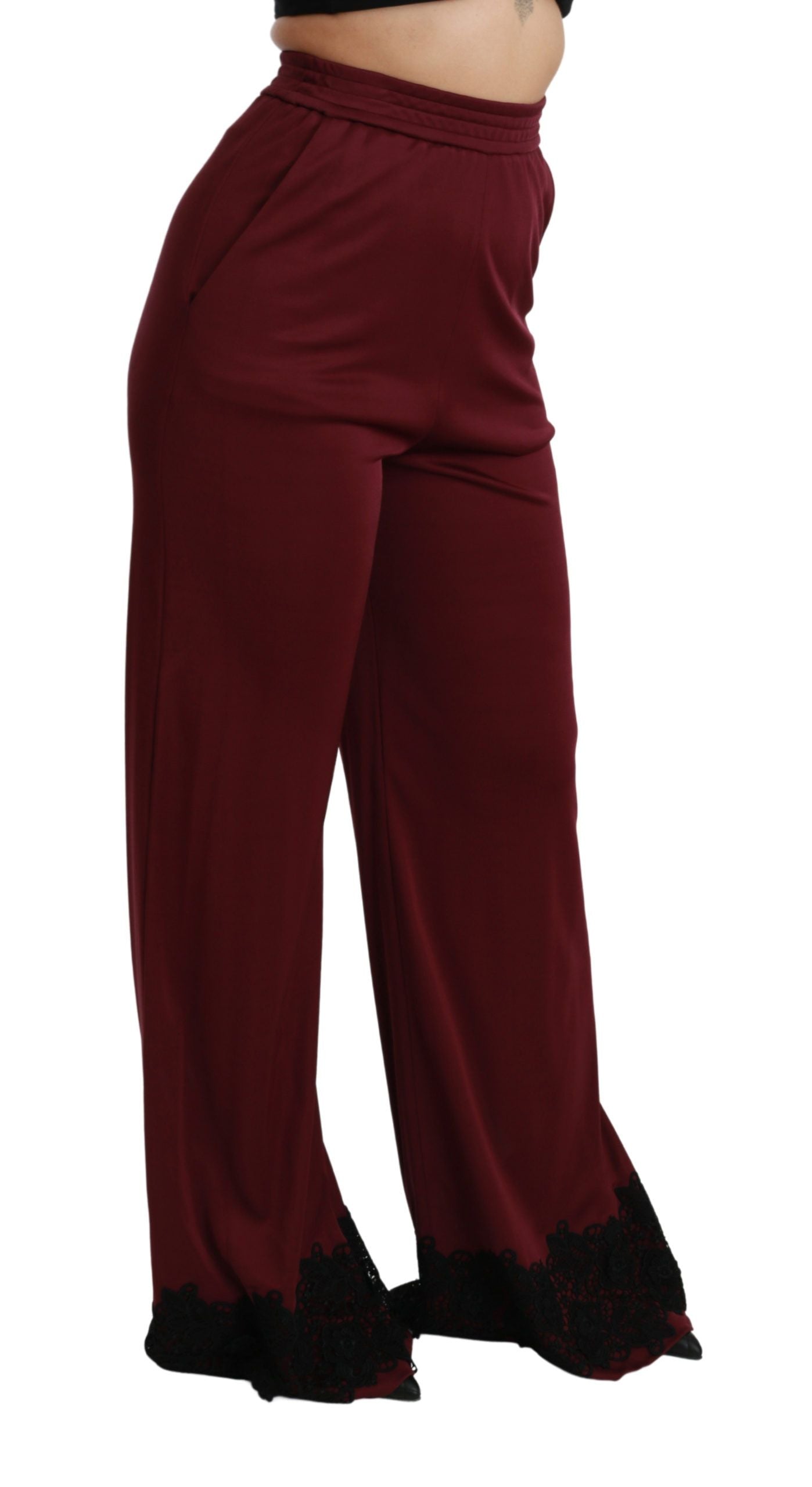 Dolce & Gabbana – Kastanienbraune Hose mit hoher Taille und weitem Bein aus schwarzer Spitze