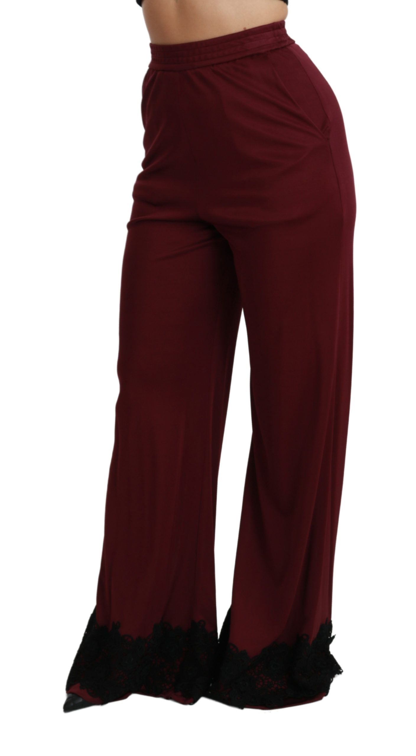 Dolce & Gabbana – Kastanienbraune Hose mit hoher Taille und weitem Bein aus schwarzer Spitze