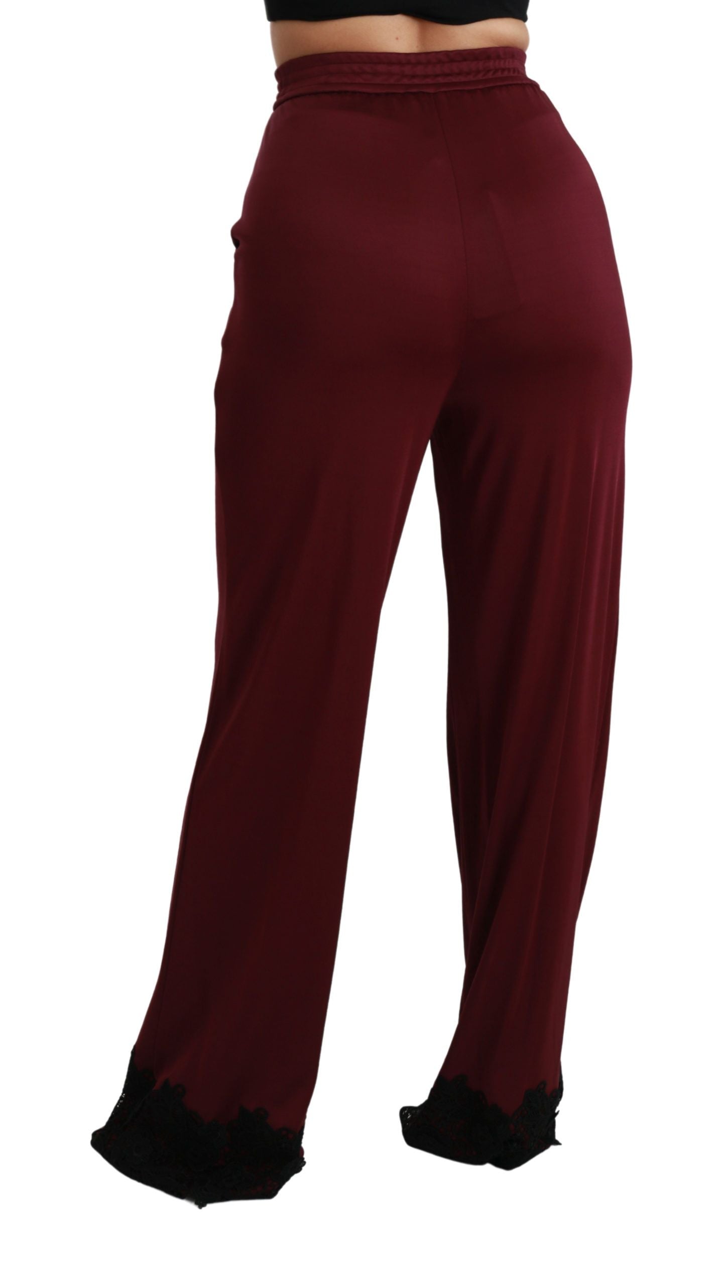 Dolce & Gabbana – Kastanienbraune Hose mit hoher Taille und weitem Bein aus schwarzer Spitze