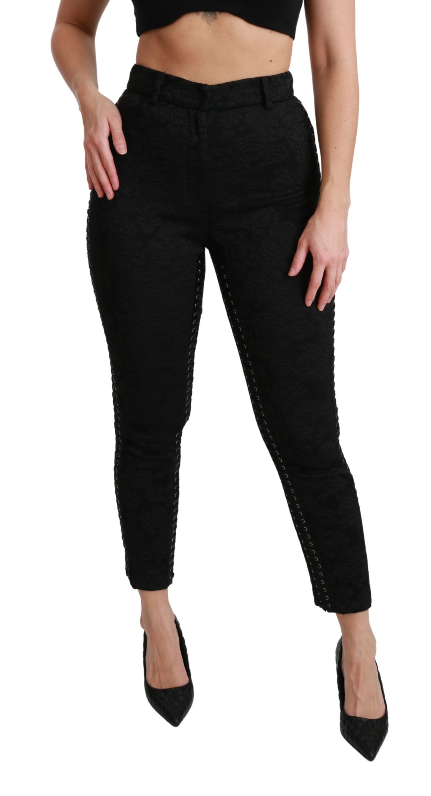 Dolce & Gabbana – Enge, hoch taillierte Hose aus schwarzem Brokat
