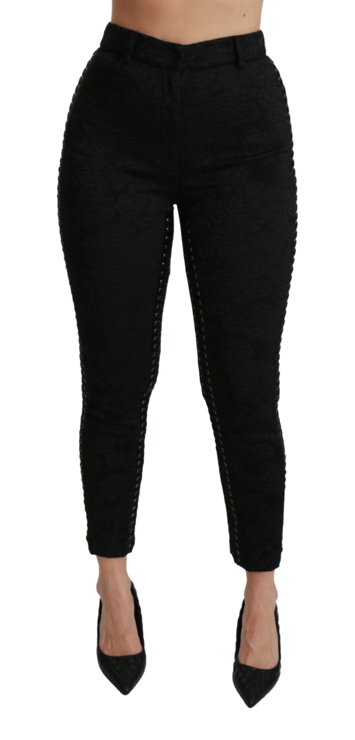 Dolce & Gabbana – Enge, hoch taillierte Hose aus schwarzem Brokat