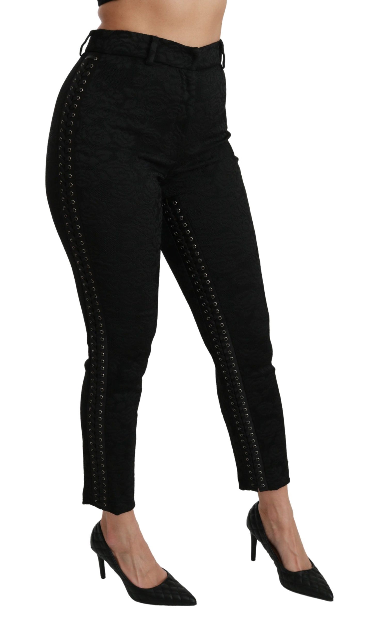 Dolce & Gabbana – Enge, hoch taillierte Hose aus schwarzem Brokat