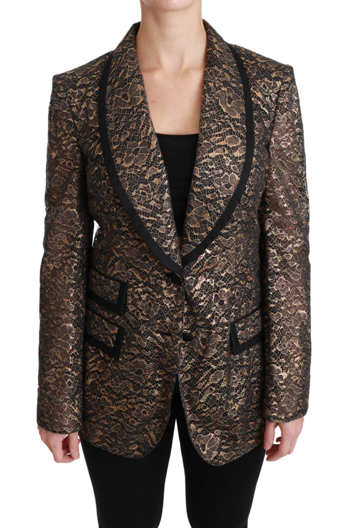Dolce & Gabbana Gold Schwarzer Spitzenblazer Mantel Blumenjacke