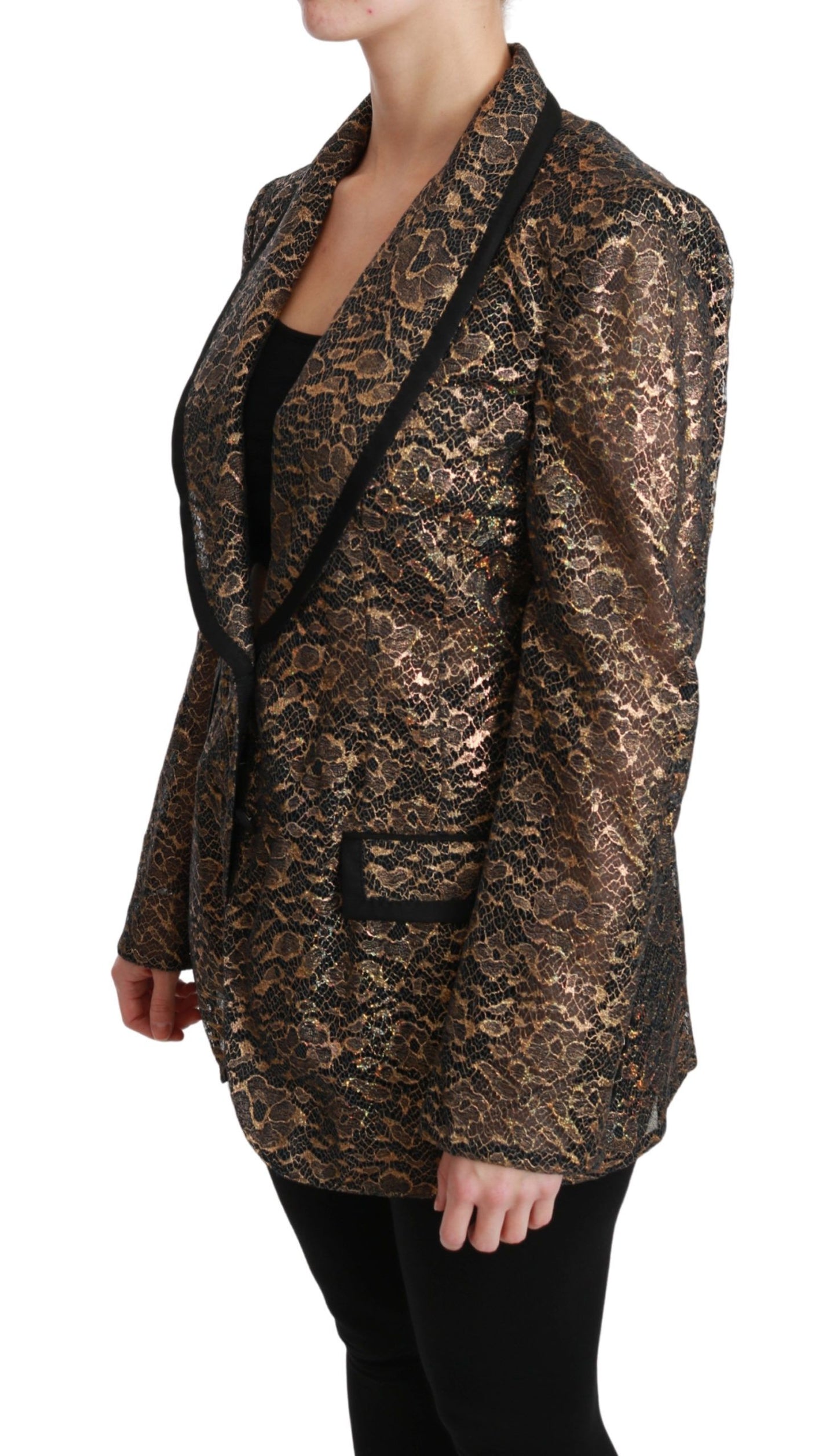 Dolce & Gabbana Gold Schwarzer Spitzenblazer Mantel Blumenjacke