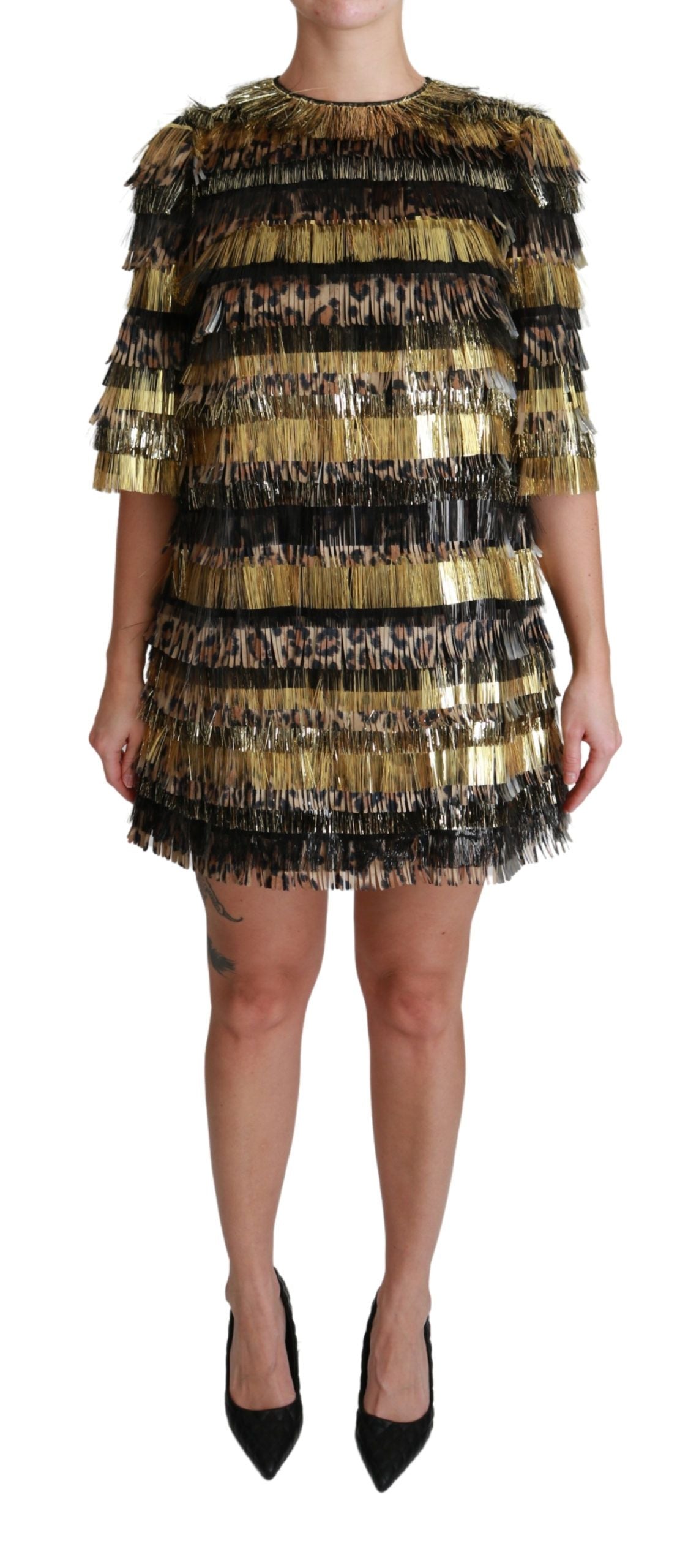 Dolce & Gabbana – Mini-Etuikleid aus Polyester mit Leopardenmuster in Schwarz und Gold