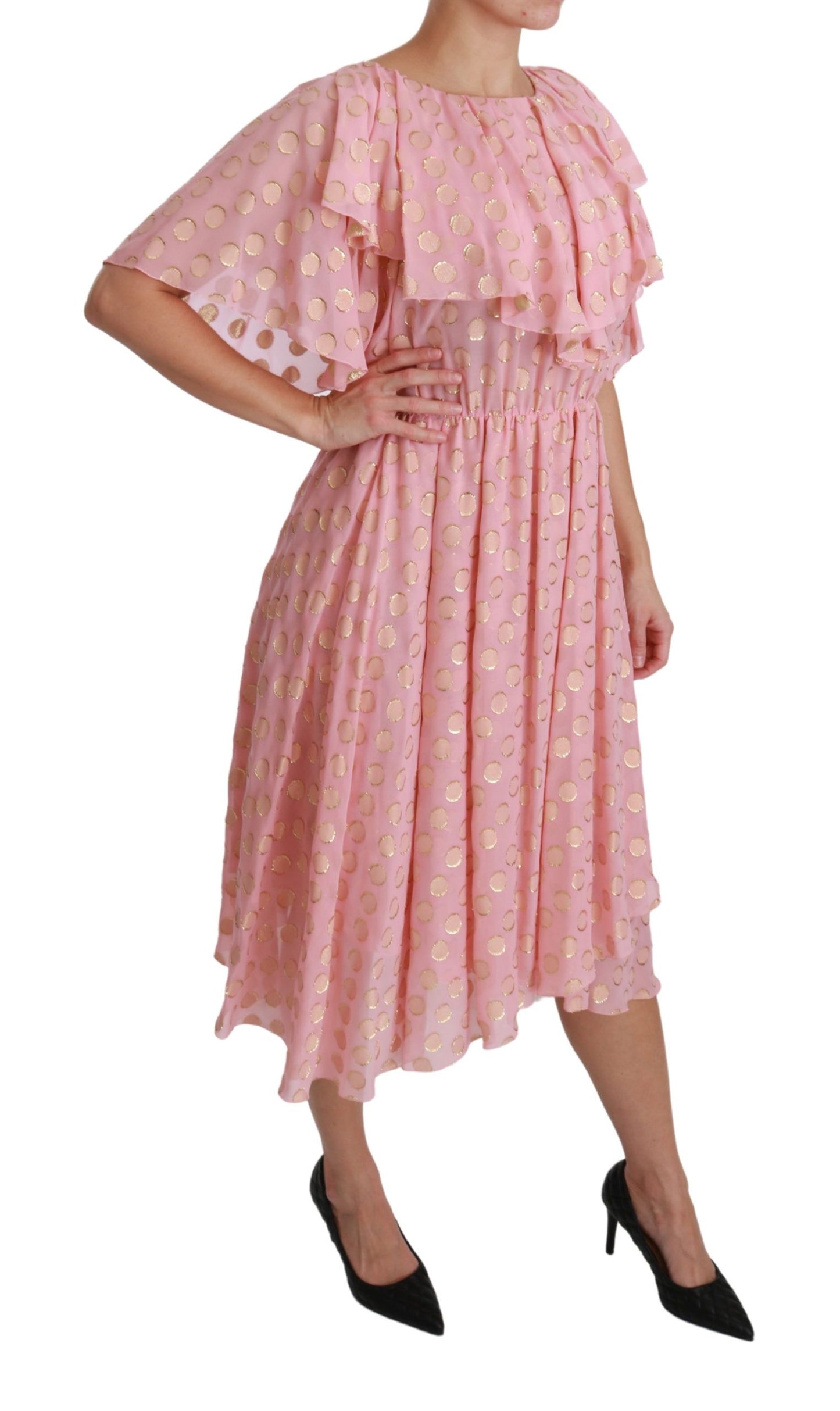 Dolce & Gabbana – A-Linien-Midikleid aus Seide mit rosa Tupfen und Plissee