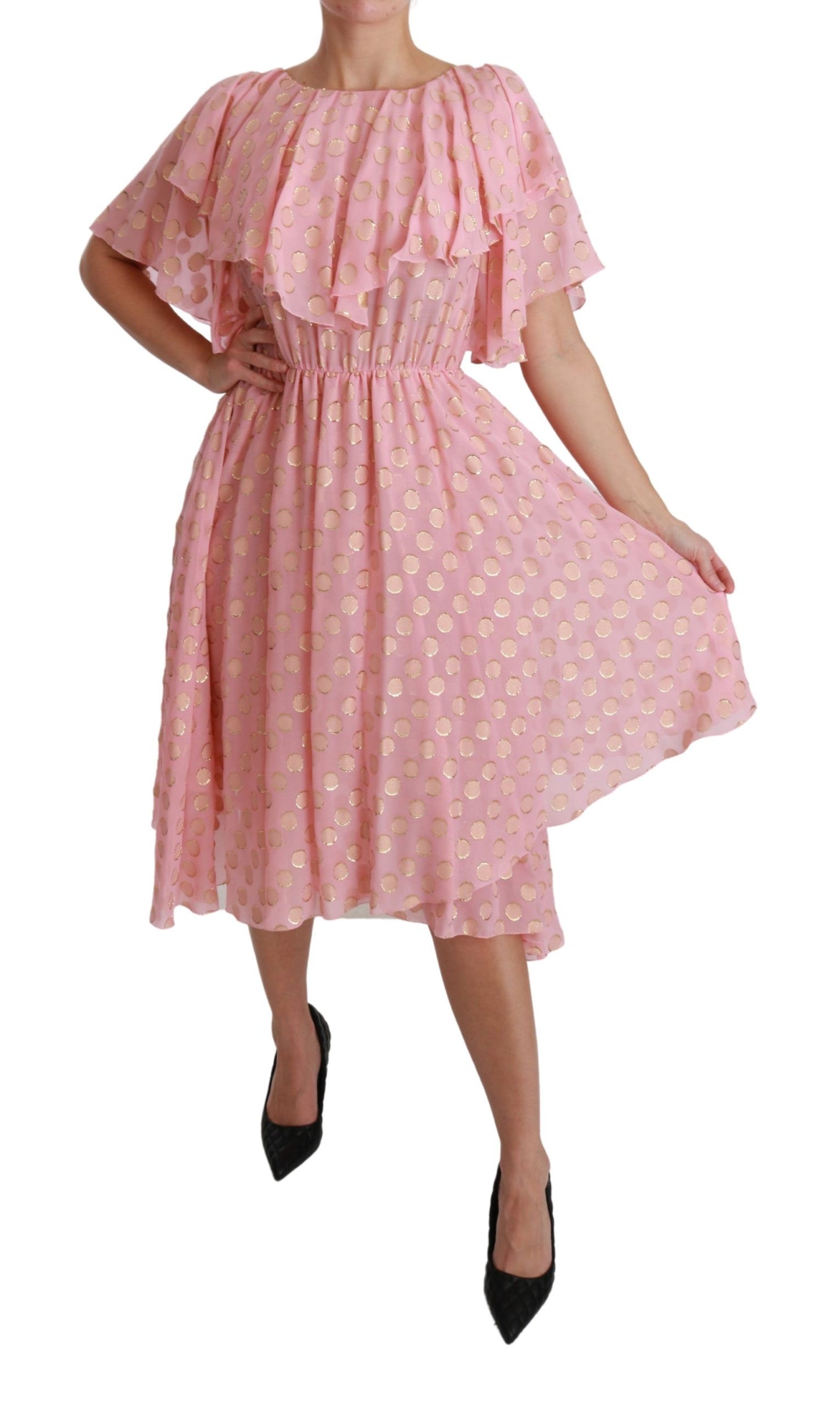 Dolce & Gabbana – A-Linien-Midikleid aus Seide mit rosa Tupfen und Plissee