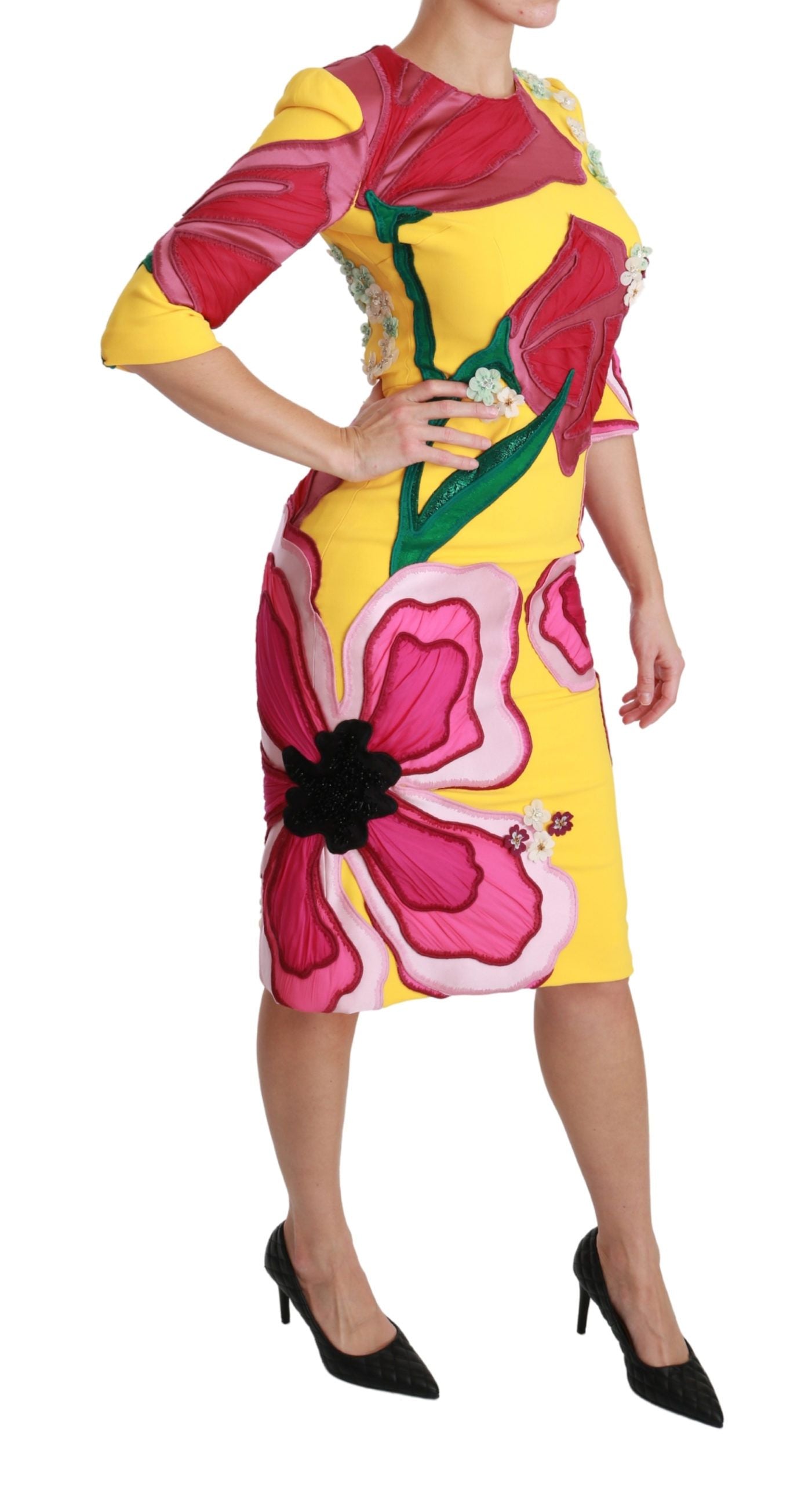 Dolce & Gabbana – Gelbes, figurbetontes Etuikleid mit Blumenmuster und Kristallen