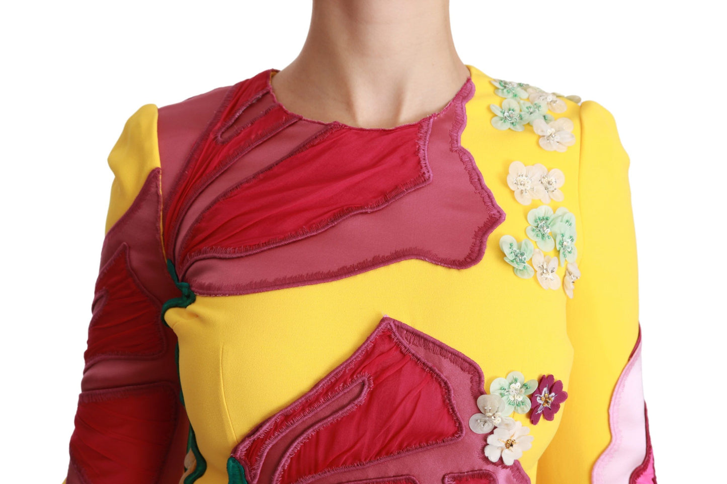 Dolce & Gabbana – Gelbes, figurbetontes Etuikleid mit Blumenmuster und Kristallen