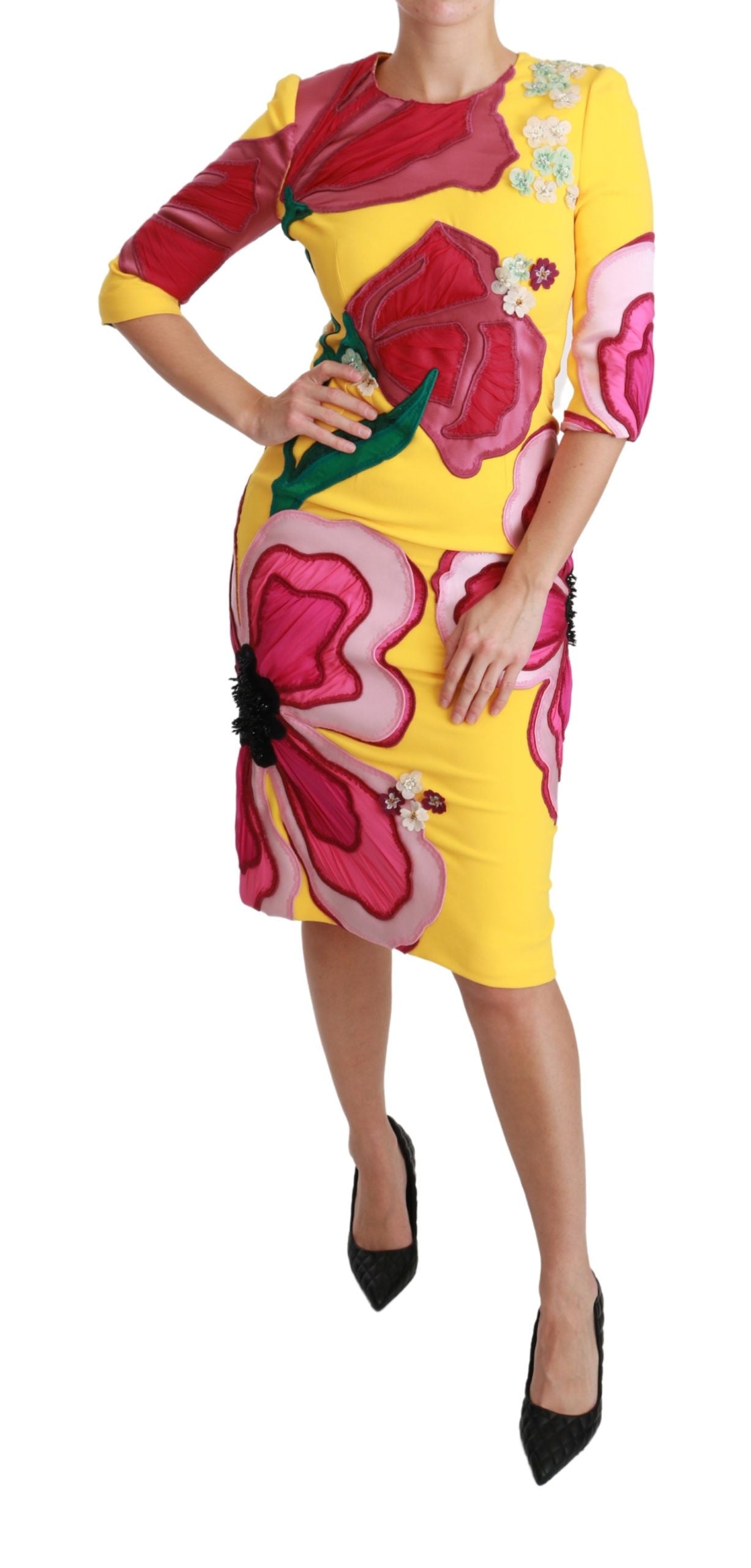 Dolce & Gabbana – Gelbes, figurbetontes Etuikleid mit Blumenmuster und Kristallen