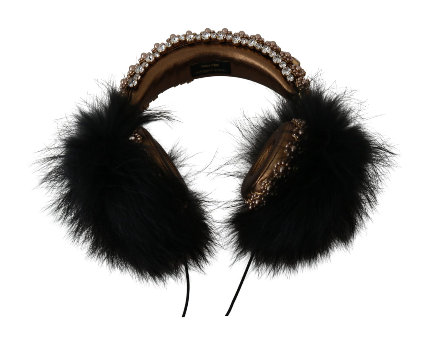 Dolce & Gabbana Gold Schwarz Crystal Fur Headset Audio Kopfhörer