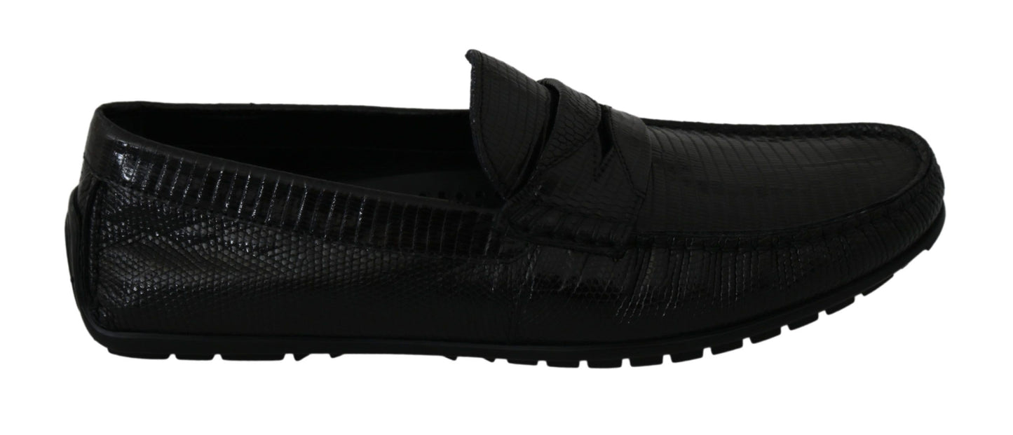Dolce & Gabbana – Flache Loafer aus schwarzem Eidechsenleder