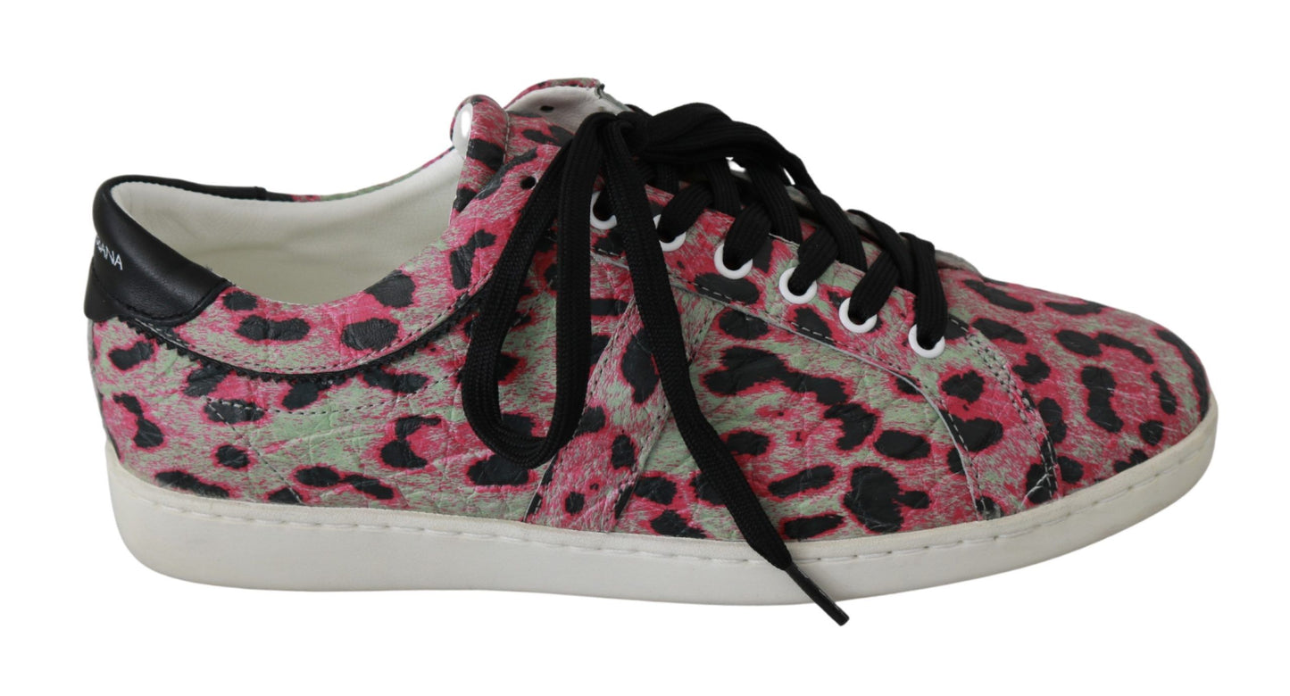 Dolce & Gabbana – Rosa, flache Trainings-Sneaker aus Leder mit Leopardenmuster
