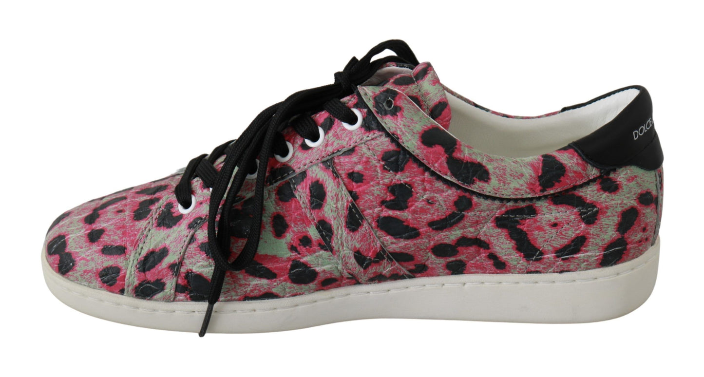 Dolce & Gabbana – Rosa, flache Trainings-Sneaker aus Leder mit Leopardenmuster