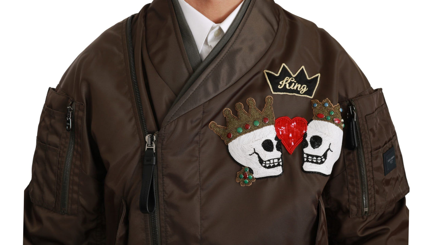 Dolce & Gabbana – Braune Jacke mit Perlenkrone und Totenkopf-Logo