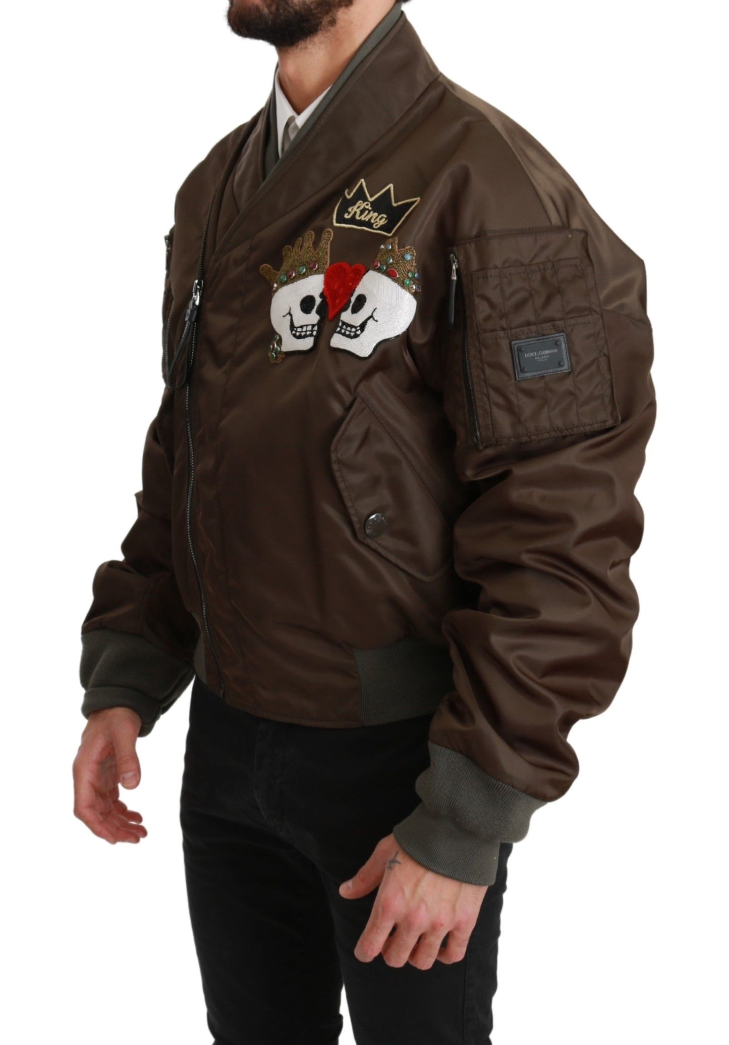 Dolce & Gabbana – Braune Jacke mit Perlenkrone und Totenkopf-Logo