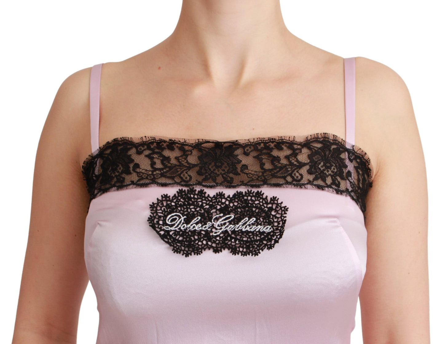 Dolce & Gabbana Seidenoberteil mit schwarzer Spitze und rosa Tanktop-Bluse