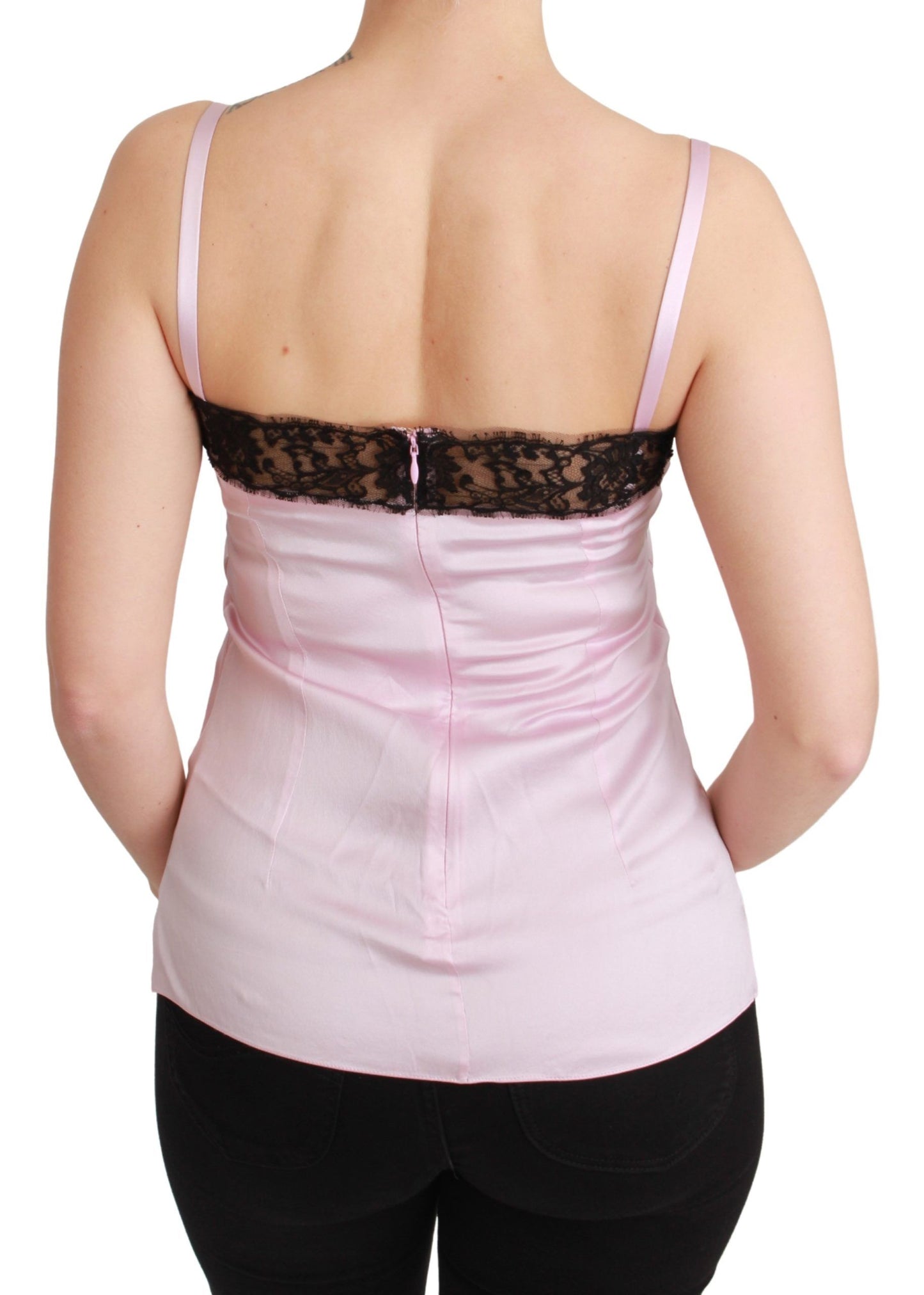 Dolce & Gabbana Seidenoberteil mit schwarzer Spitze und rosa Tanktop-Bluse