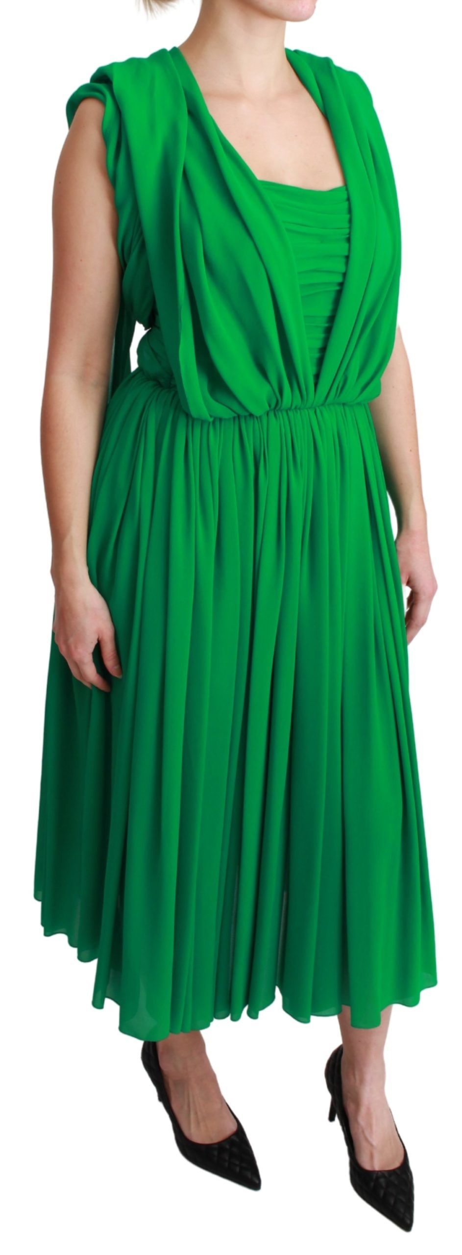 Dolce & Gabbana – Grünes, ärmelloses, plissiertes Maxikleid aus 100 % Seide