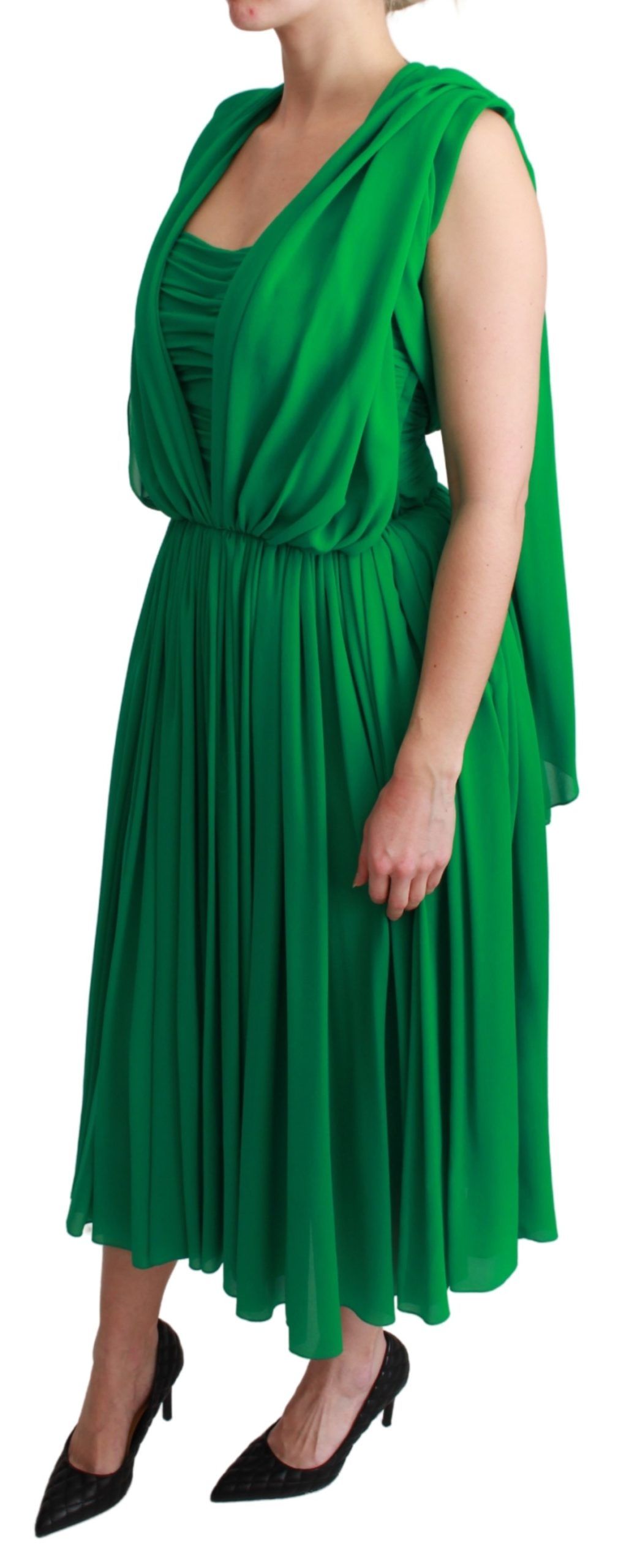 Dolce & Gabbana – Grünes, ärmelloses, plissiertes Maxikleid aus 100 % Seide
