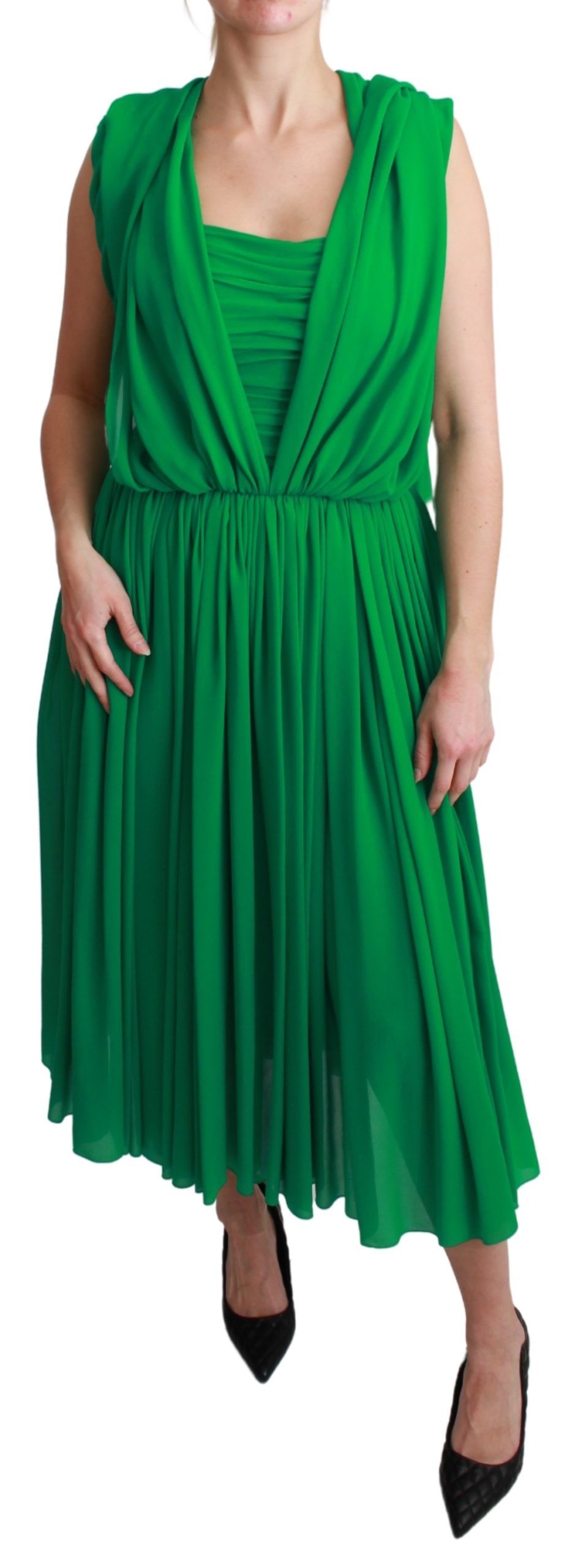 Dolce & Gabbana – Grünes, ärmelloses, plissiertes Maxikleid aus 100 % Seide