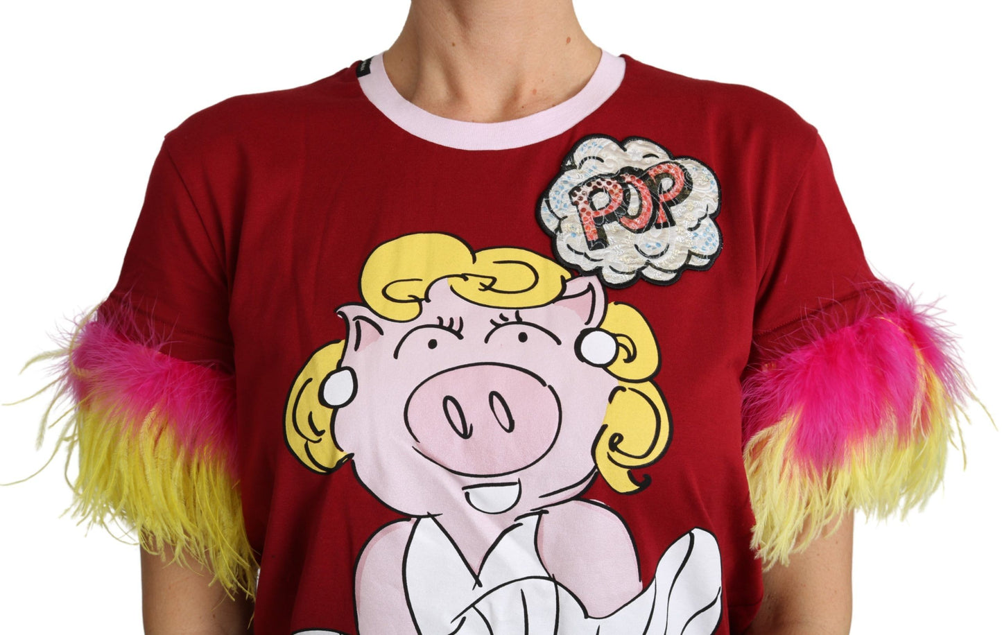 Dolce & Gabbana – T-Shirt-Oberteil mit rotem Schweine-Print und Federärmeln
