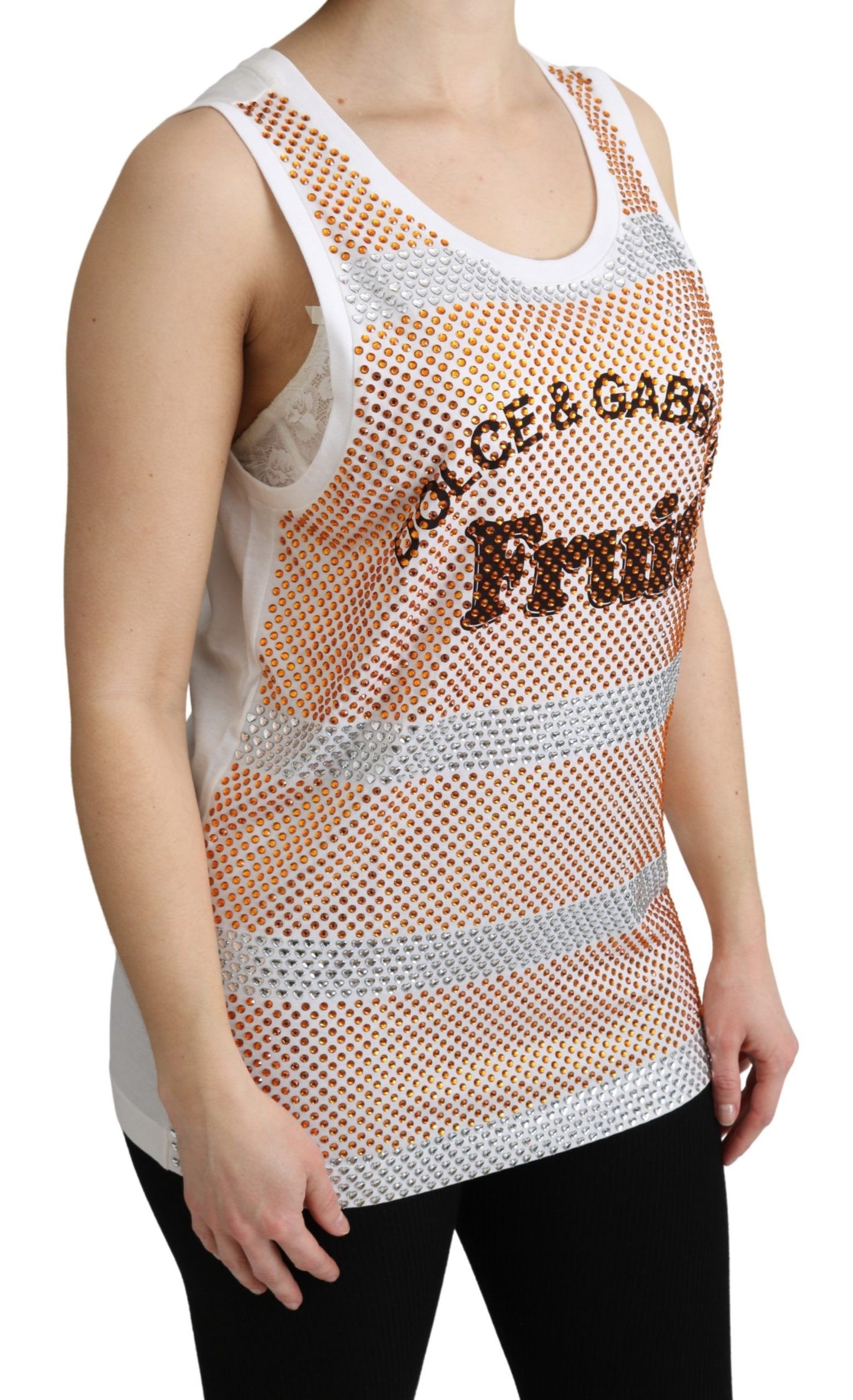 Dolce & Gabbana Weiß-Orange Kristall Ärmelloses Tanktop aus Baumwolle