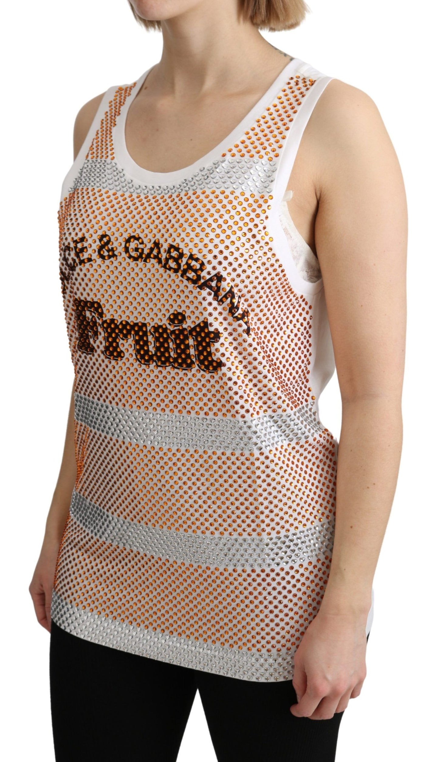 Dolce & Gabbana Weiß-Orange Kristall Ärmelloses Tanktop aus Baumwolle