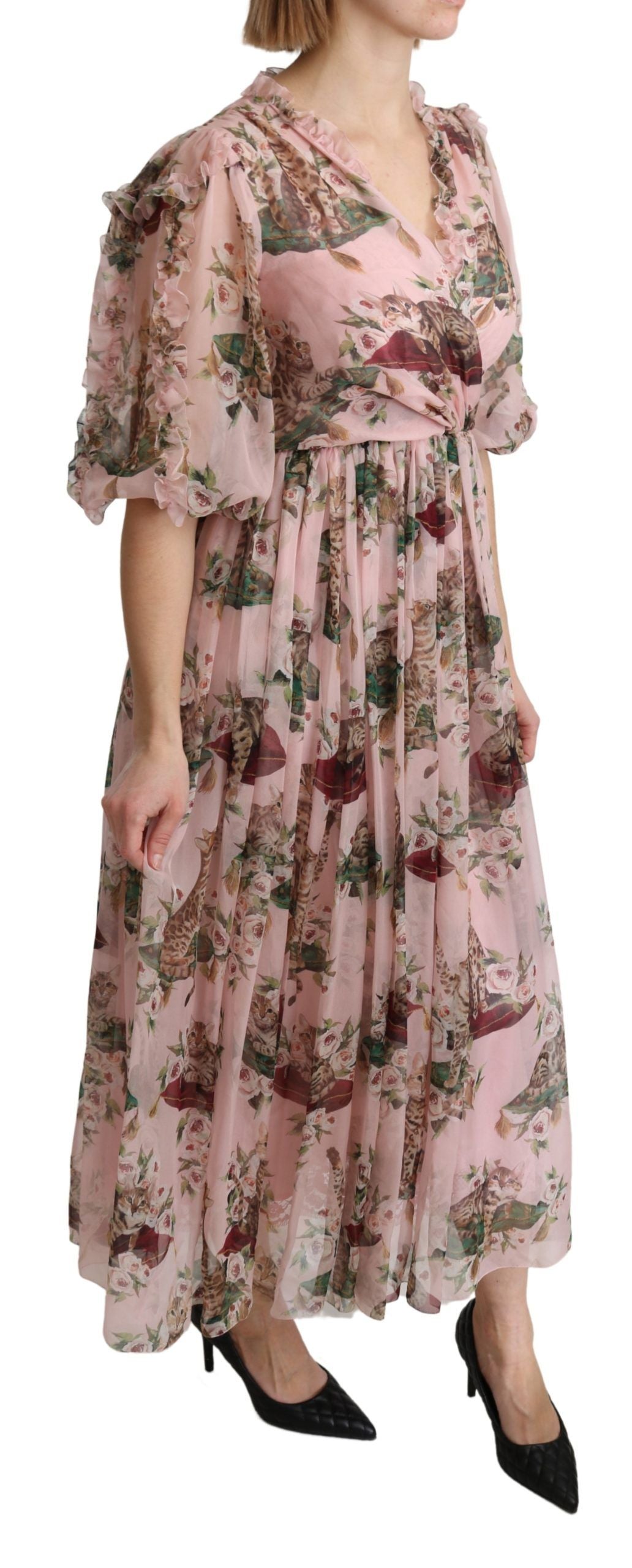 Dolce & Gabbana – A-Linien-Maxikleid aus Seide mit rosa Bengalkatzen-Print