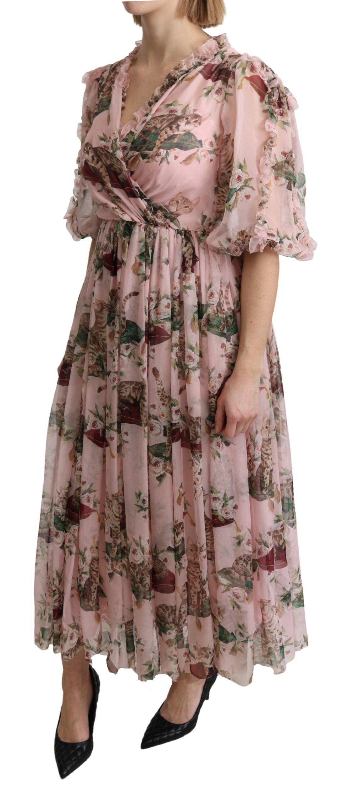 Dolce & Gabbana – A-Linien-Maxikleid aus Seide mit rosa Bengalkatzen-Print