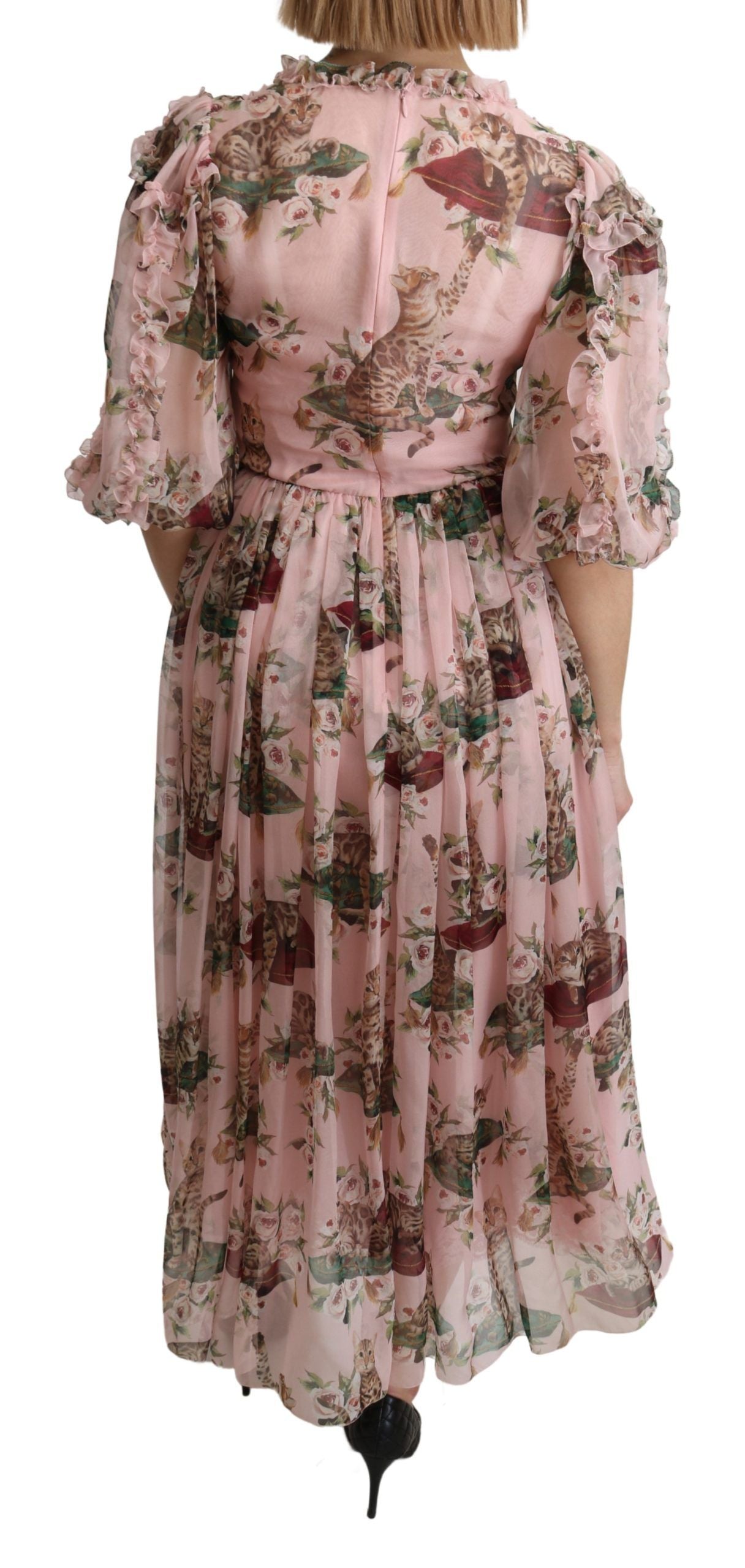 Dolce & Gabbana – A-Linien-Maxikleid aus Seide mit rosa Bengalkatzen-Print