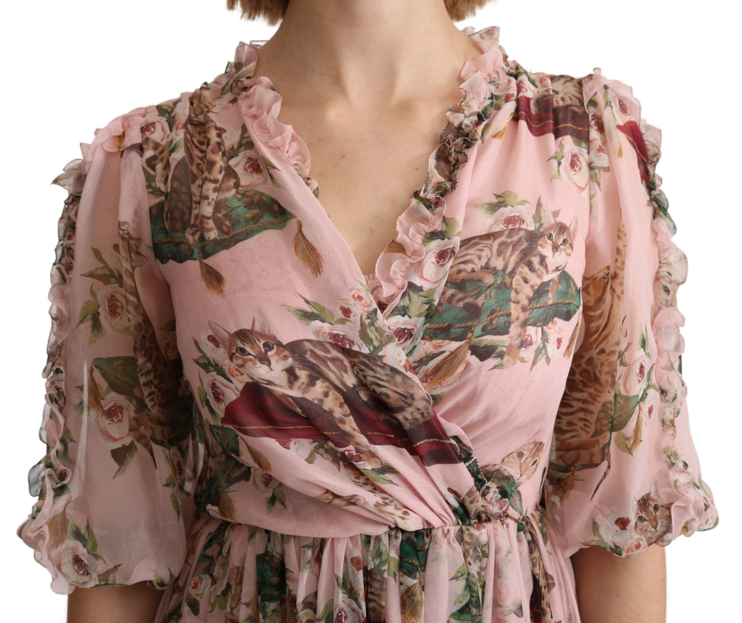 Dolce & Gabbana – A-Linien-Maxikleid aus Seide mit rosa Bengalkatzen-Print