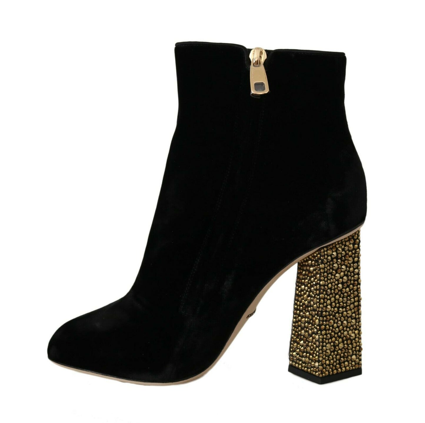 Dolce & Gabbana – Schwarze Samtschuhe mit eckigem Absatz und Kristallen
