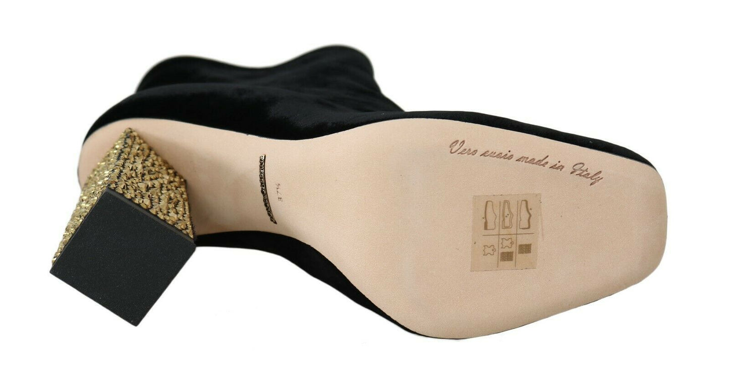 Dolce & Gabbana – Schwarze Samtschuhe mit eckigem Absatz und Kristallen