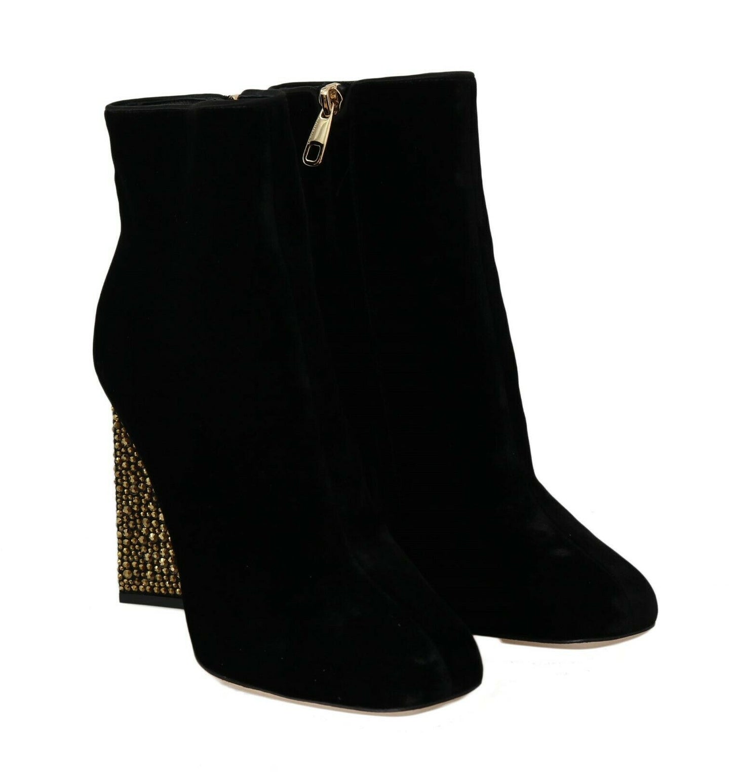 Dolce & Gabbana – Schwarze Samtschuhe mit eckigem Absatz und Kristallen