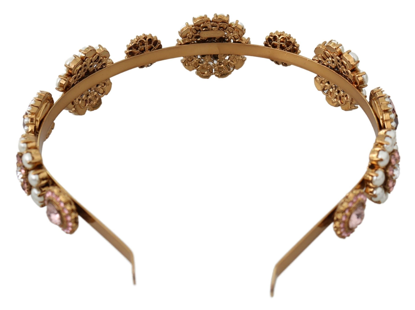 Dolce & Gabbana Gold Tiara Kristall Blumen Perlen Stirnband Logo Diadem