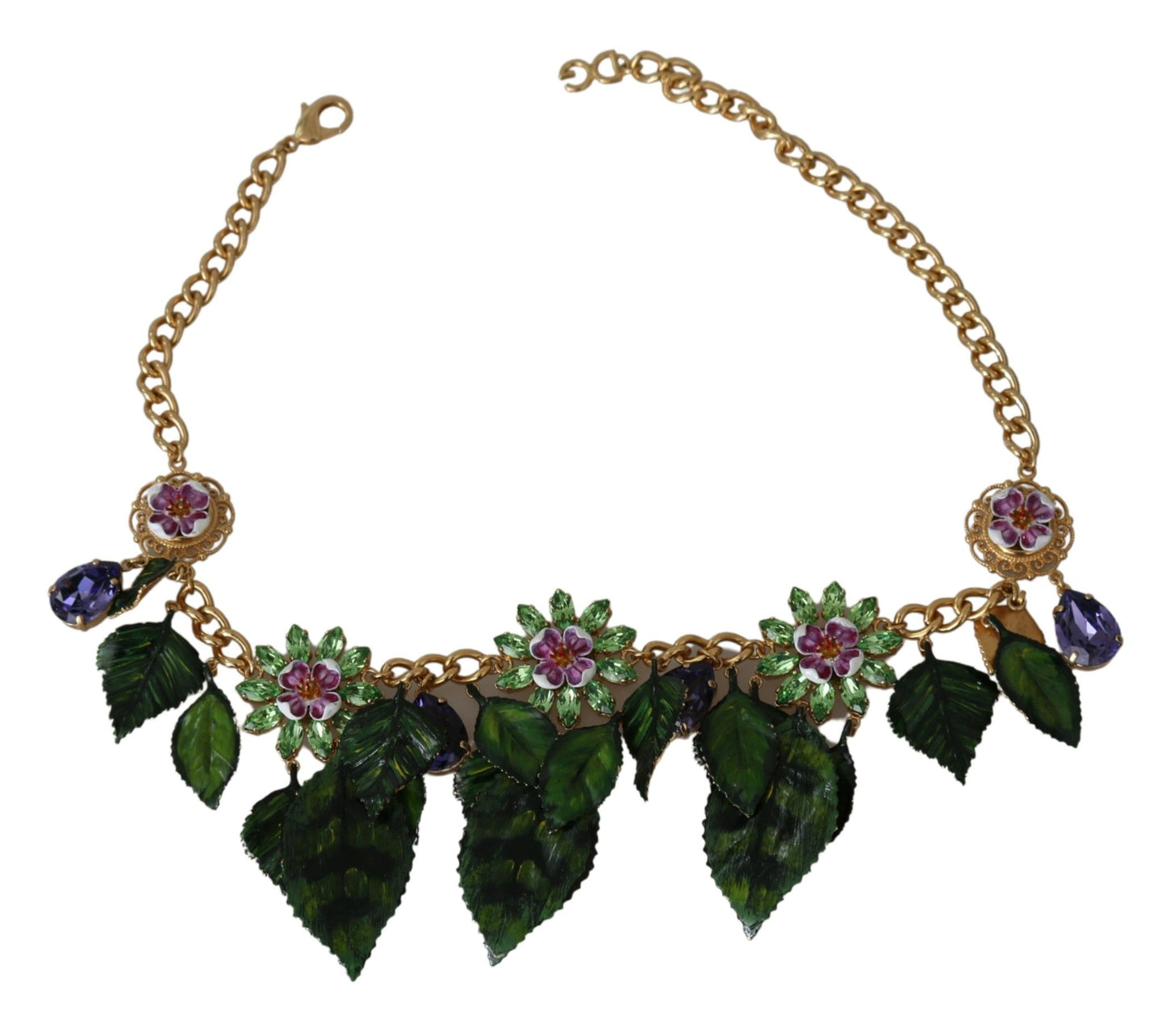 Dolce & Gabbana Halskette mit Blumenanhänger aus goldfarbenem Messing mit grünen Blättern und Kristallen
