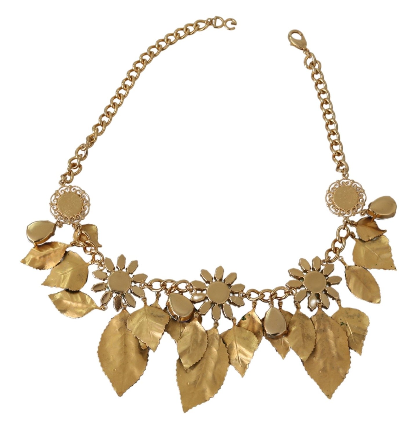 Dolce & Gabbana Halskette mit Blumenanhänger aus goldfarbenem Messing mit grünen Blättern und Kristallen